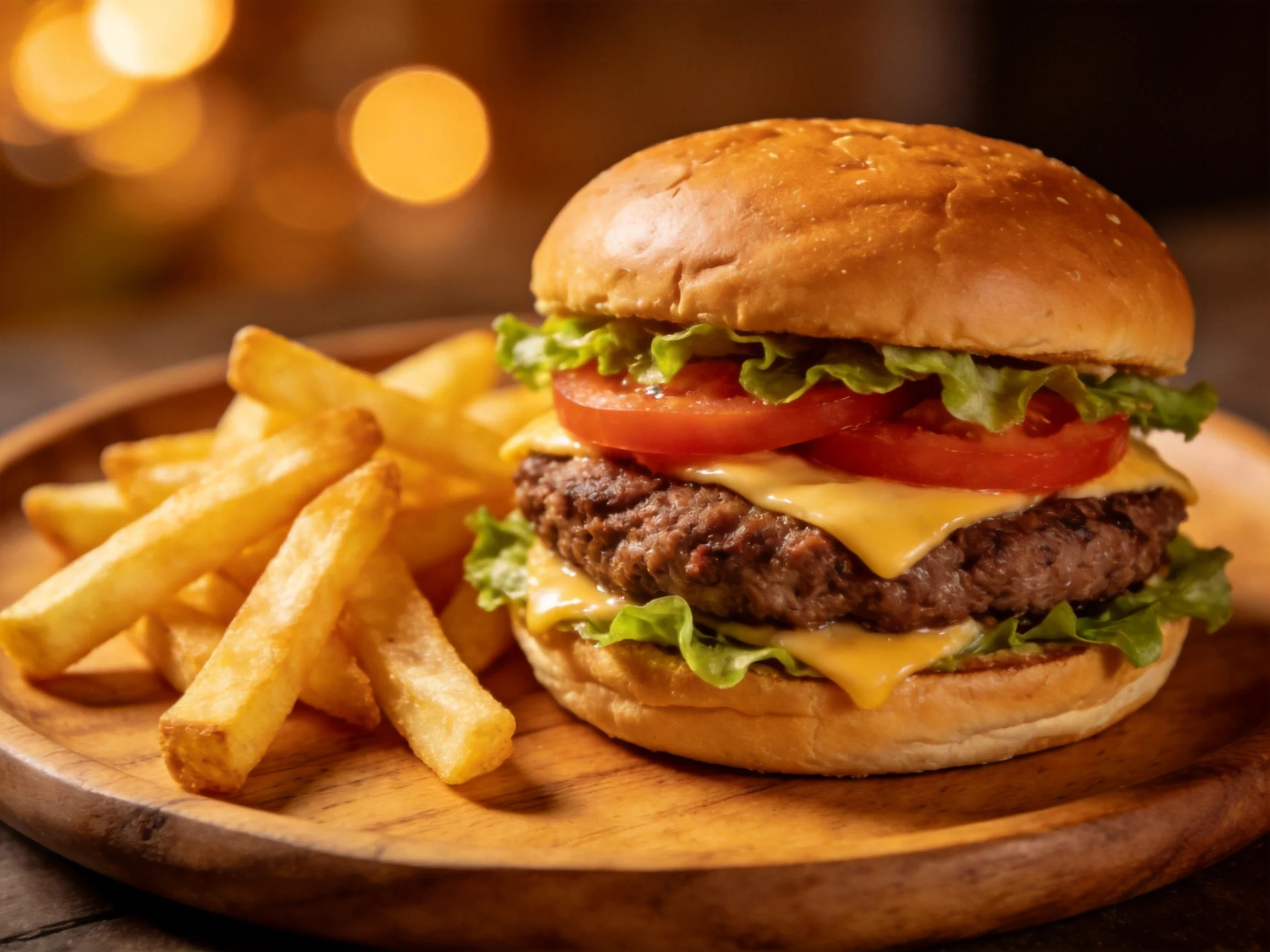 A cheeseburger with lettuce, tomato, and golden fries on a wooden platter