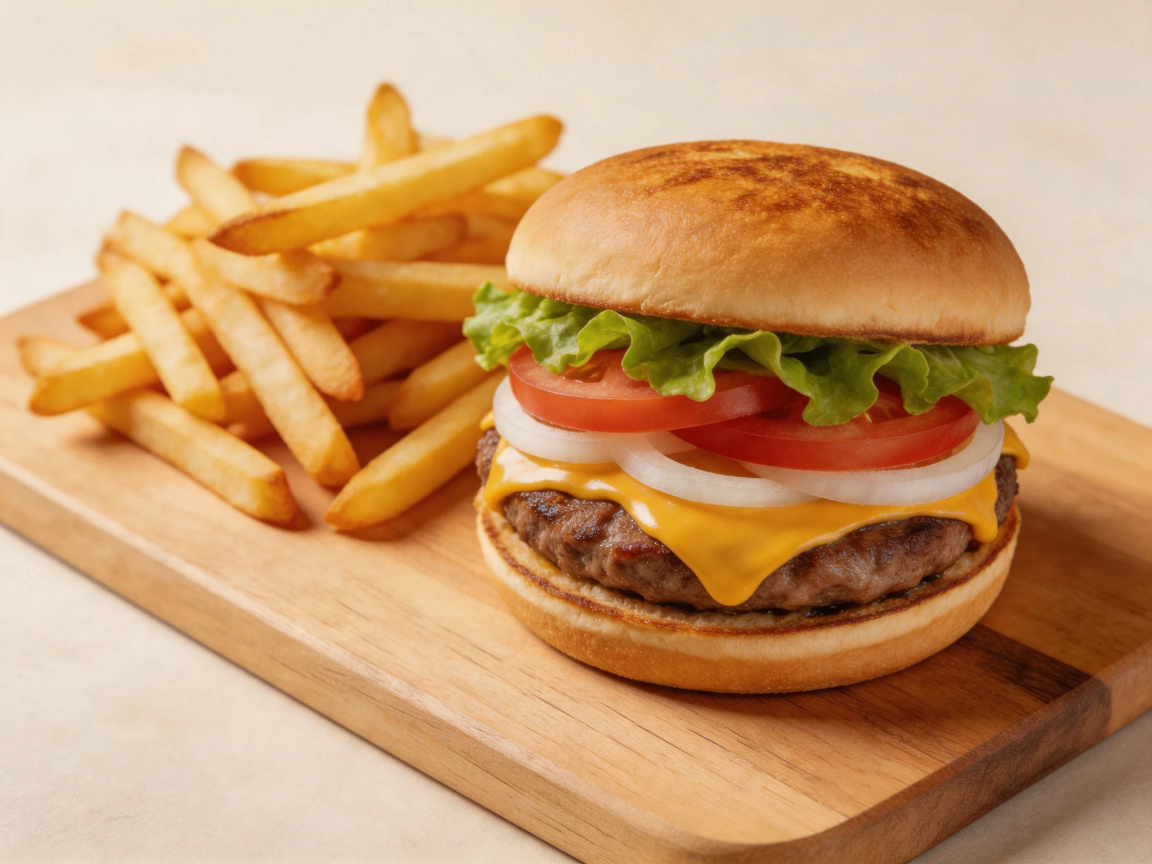 A cheeseburger with lettuce, tomato, onion served with crispy fries on a wooden board