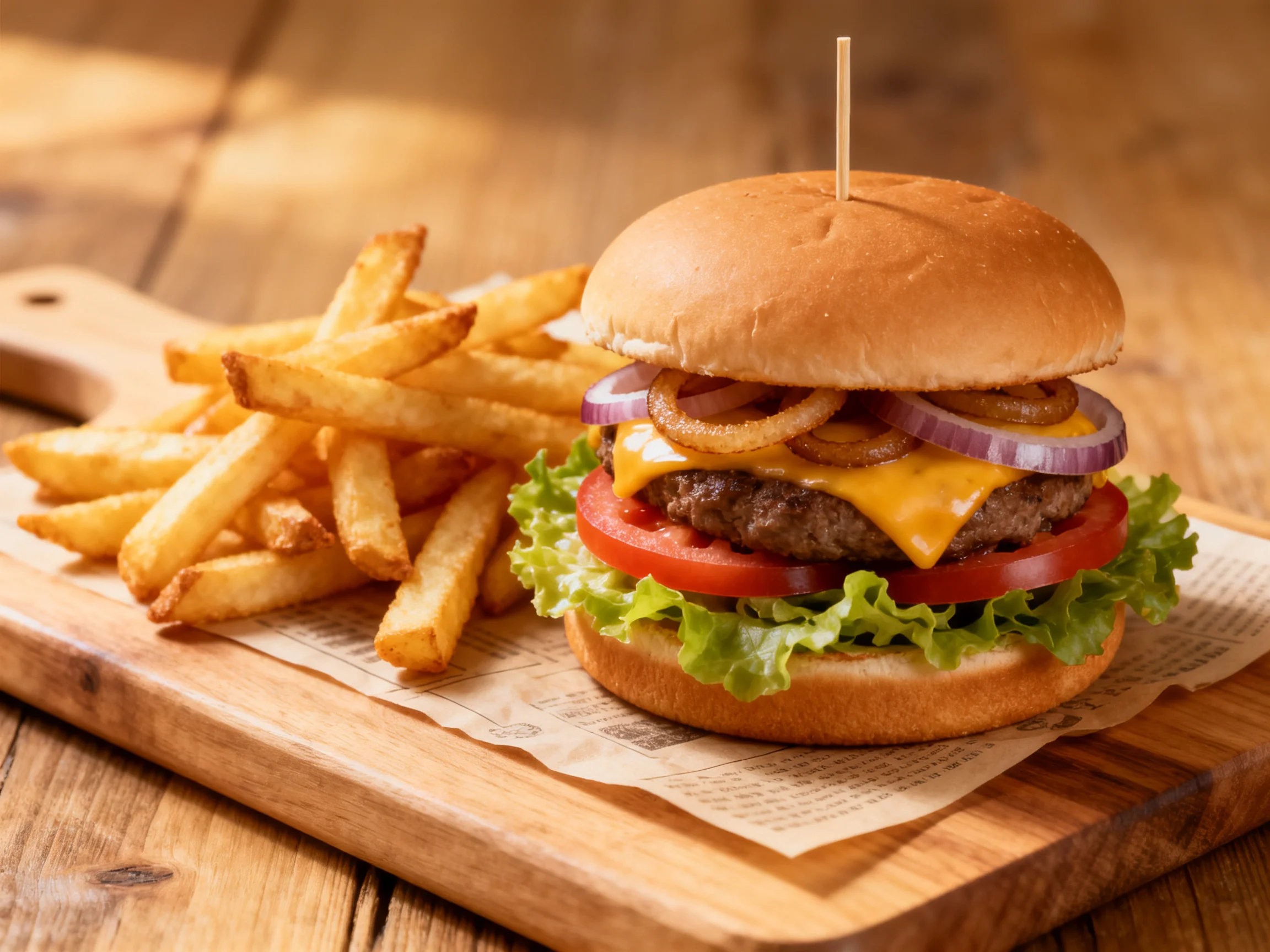 A cheeseburger with lettuce tomato onion served with crispy golden fries