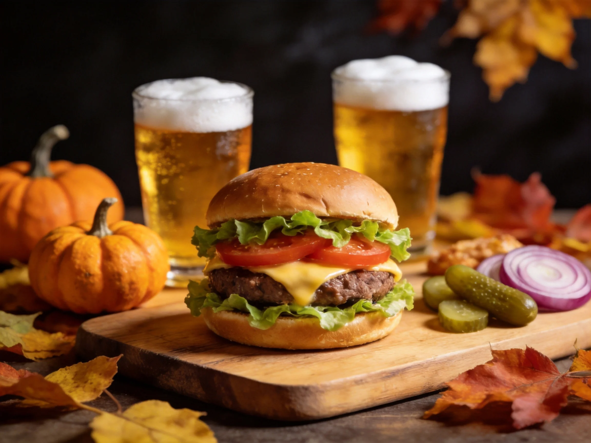 A cheeseburger with lettuce, tomatoes, two beers, small pumpkins, pickles, autumn leaves