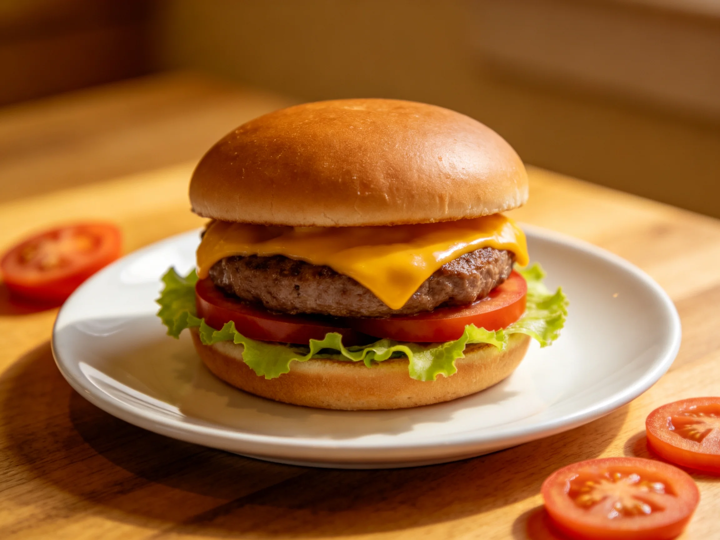 A cheeseburger with melted cheddar and fresh tomato slices on a wooden surface