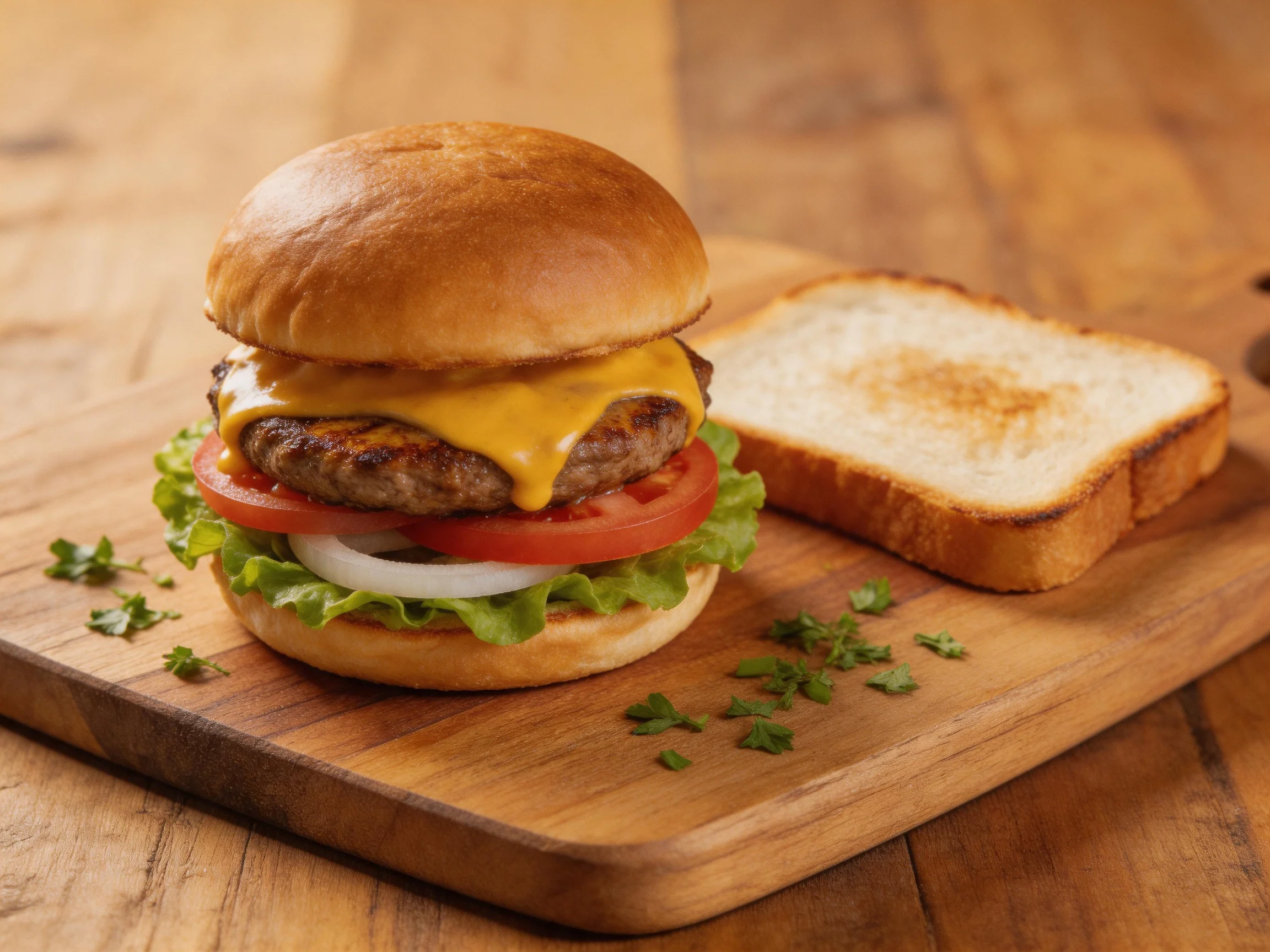 A cheeseburger with melted cheddar and fresh veggies on a wooden cutting board