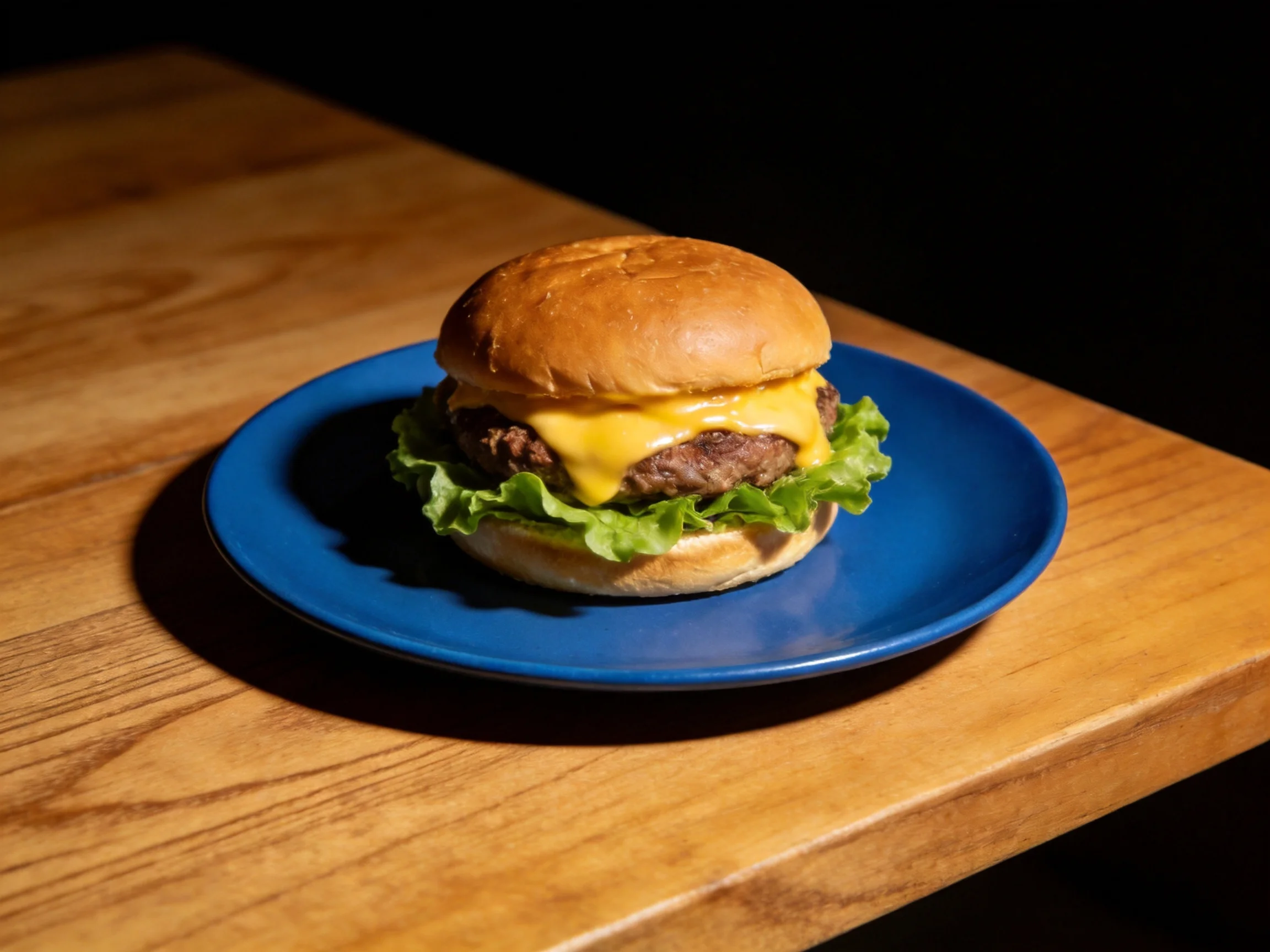 A cheeseburger with melted cheddar and lettuce on a bright blue plate