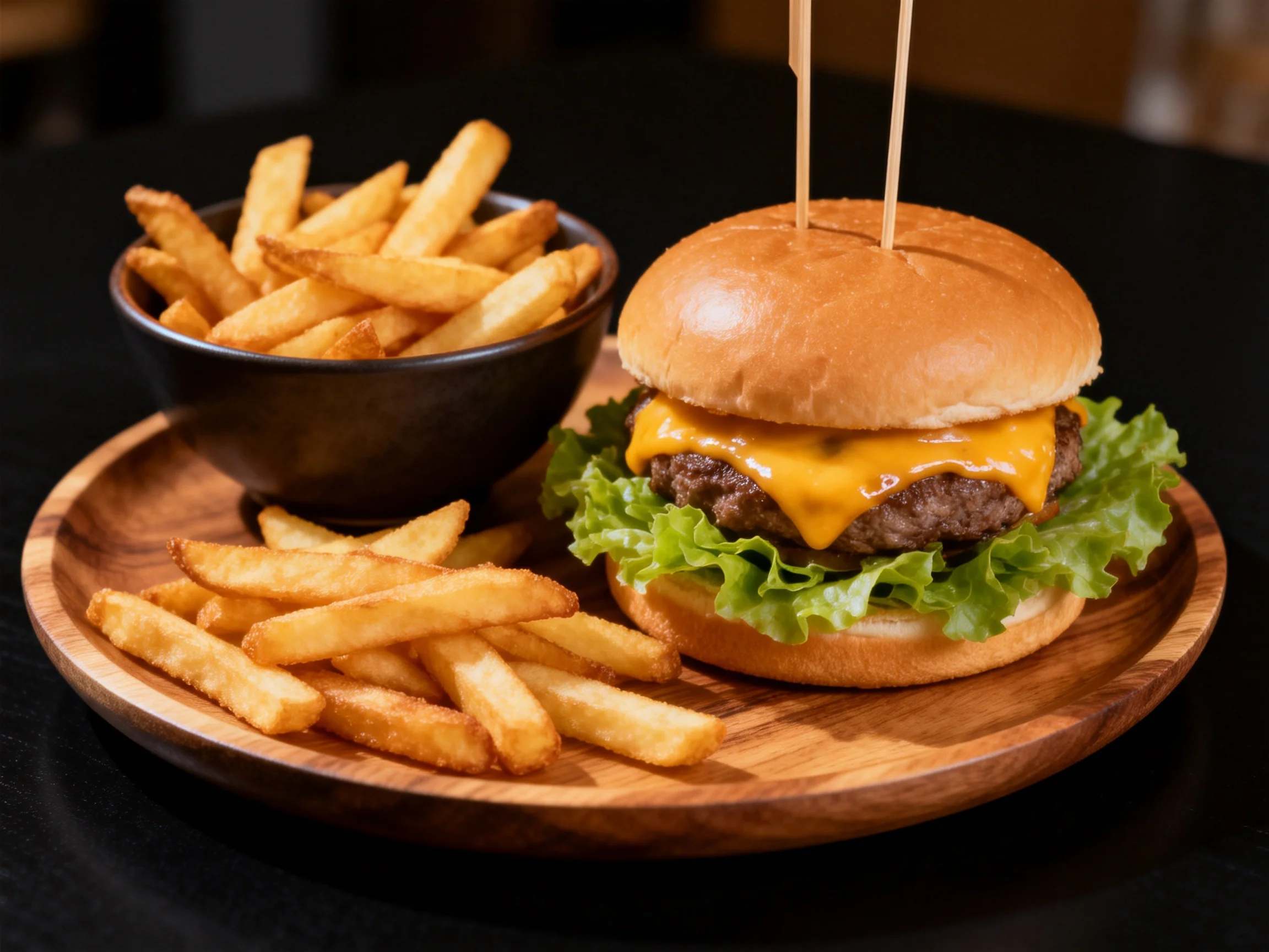 A cheeseburger with melted cheddar and lettuce served with golden fries