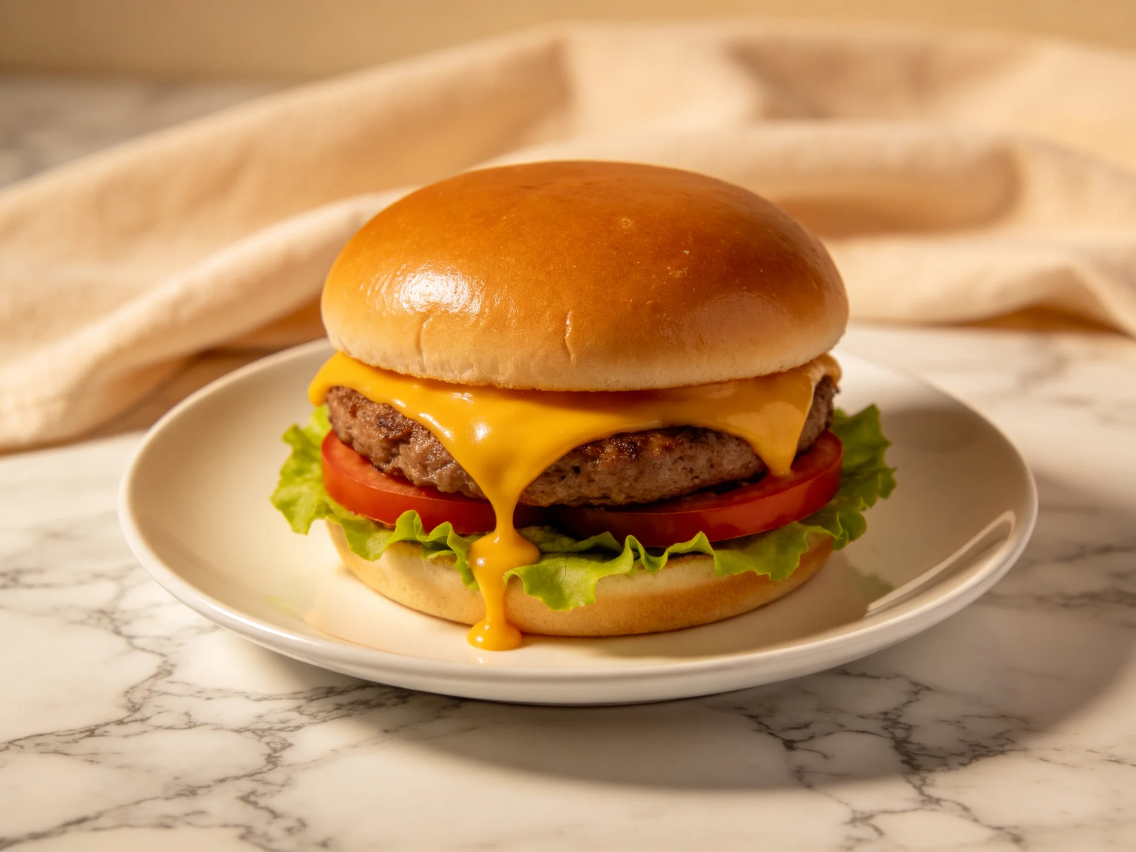 A cheeseburger with melted cheddar cheese, lettuce, and tomato on a white plate