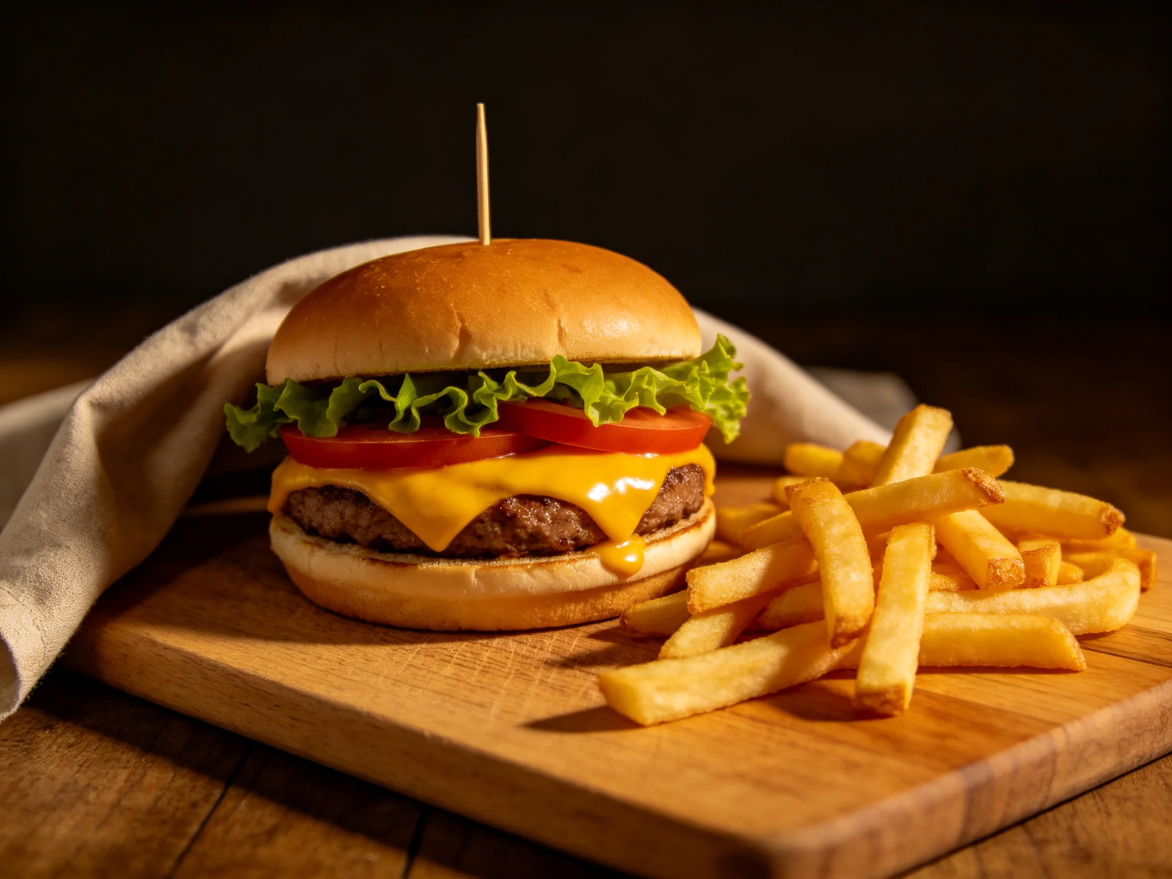 A cheeseburger with melted cheddar, lettuce, and crispy fries