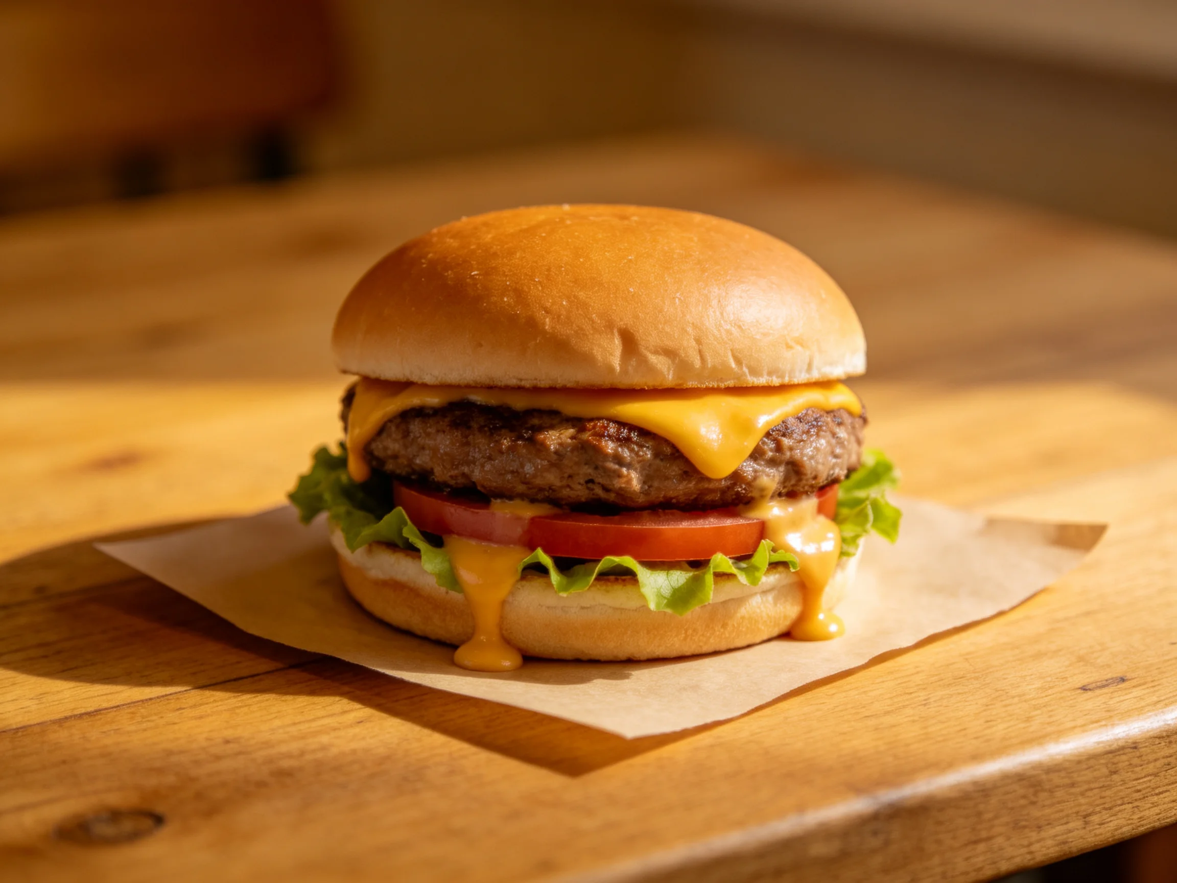A cheeseburger with melted cheddar, lettuce, and tomato