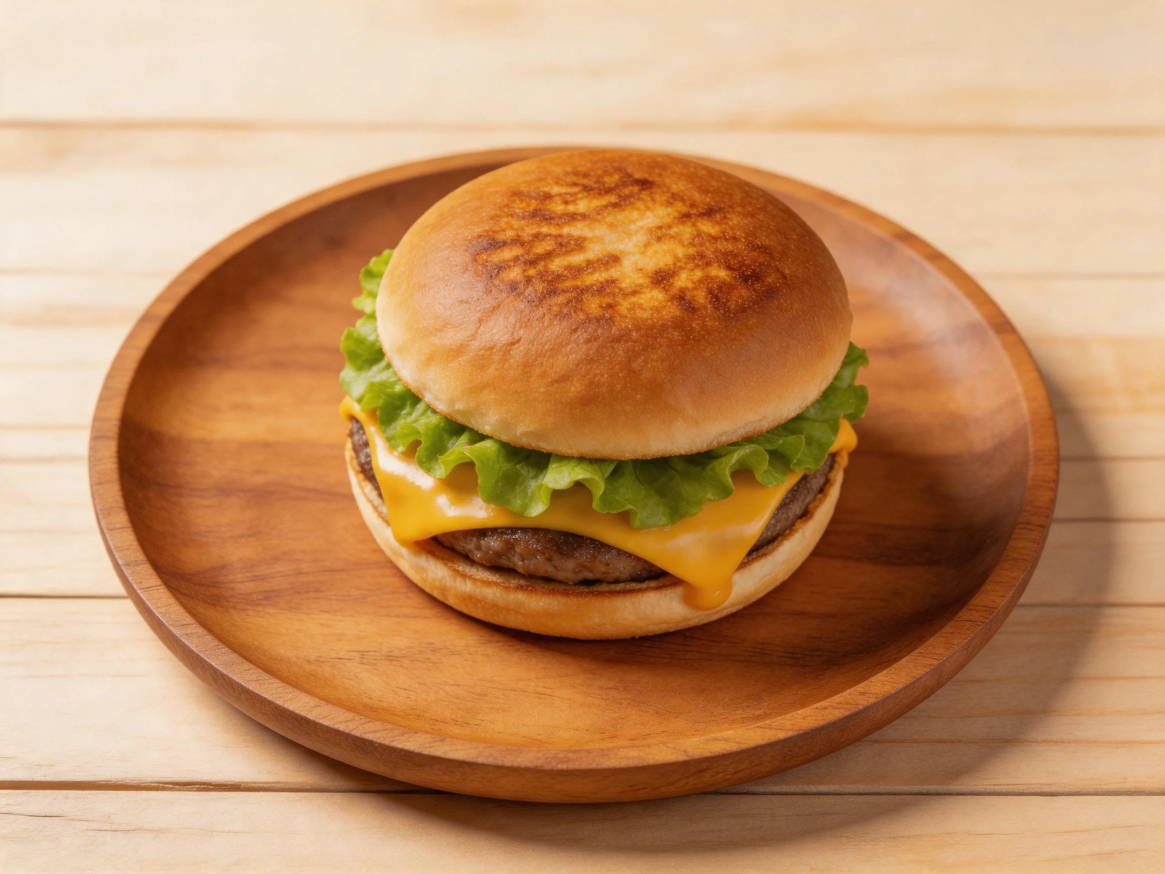 A cheeseburger with melted cheese, crisp lettuce, on a wooden plate