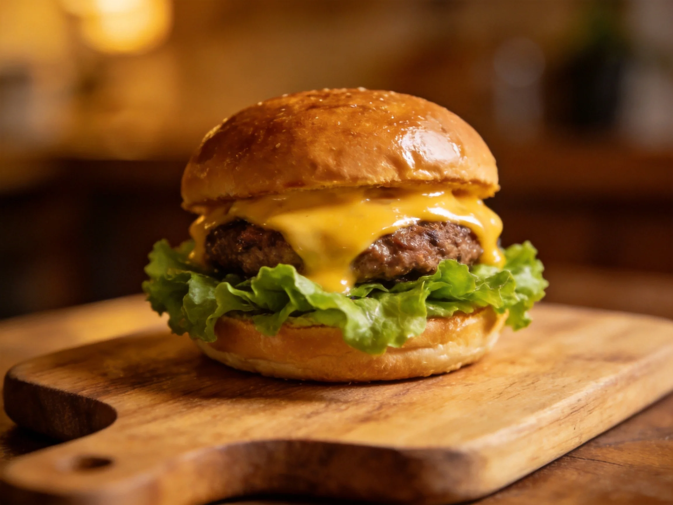 A cheeseburger with melted cheese, fresh lettuce, and a glossy bun