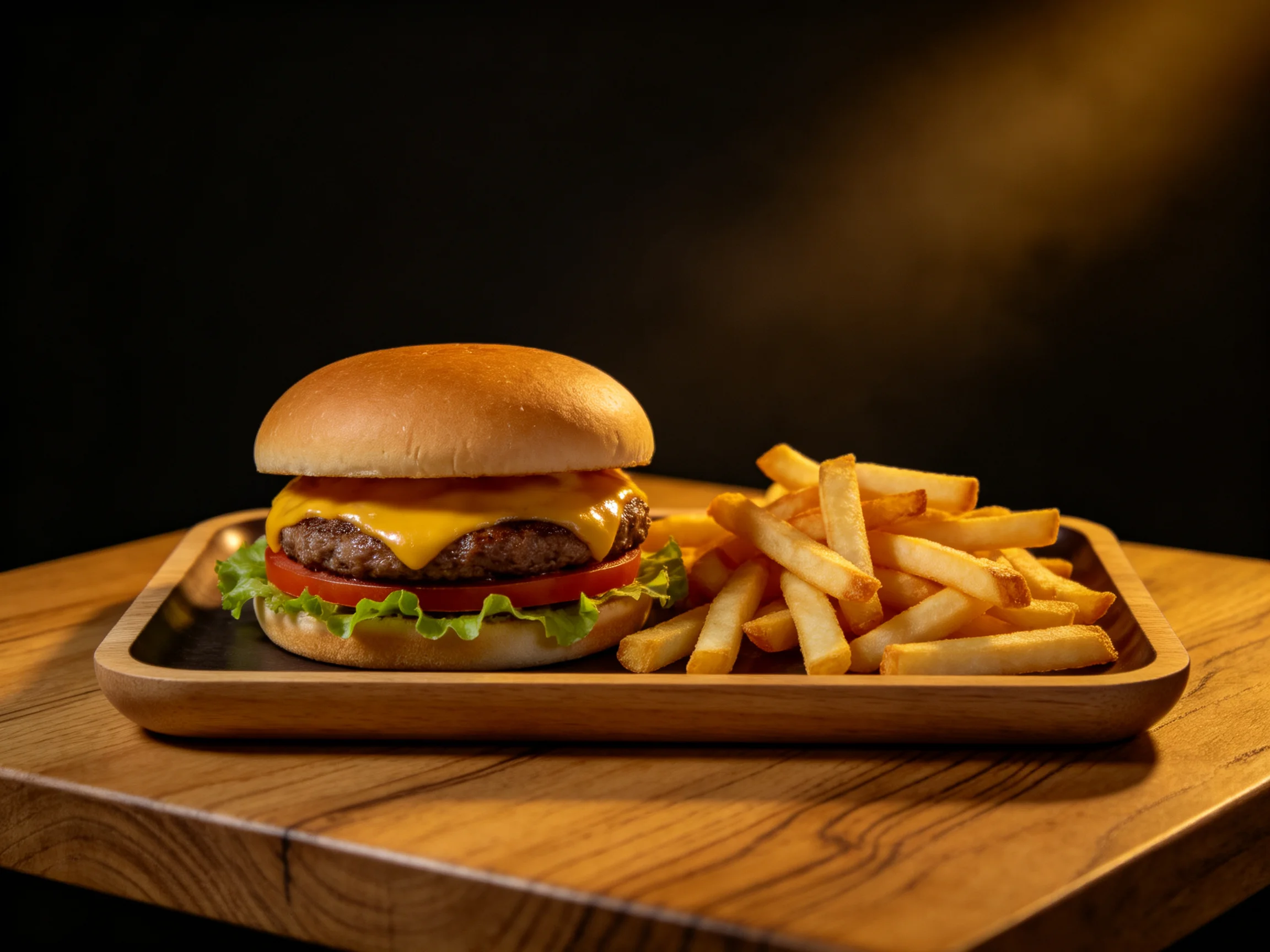A cheeseburger with melted cheese, lettuce, tomato, and golden fries on a wooden tray