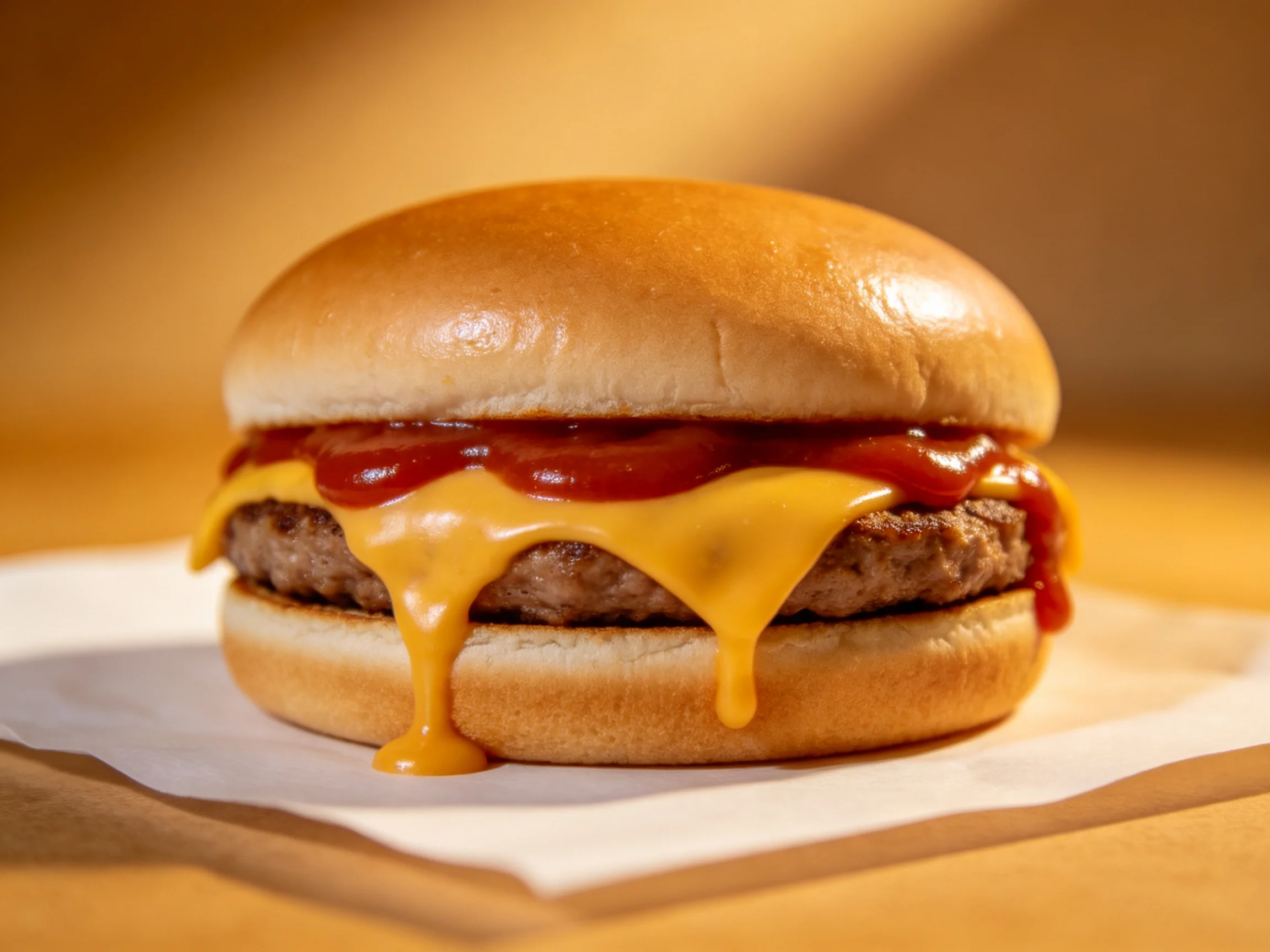 A cheeseburger with oozing cheddar and ketchup on soft buns