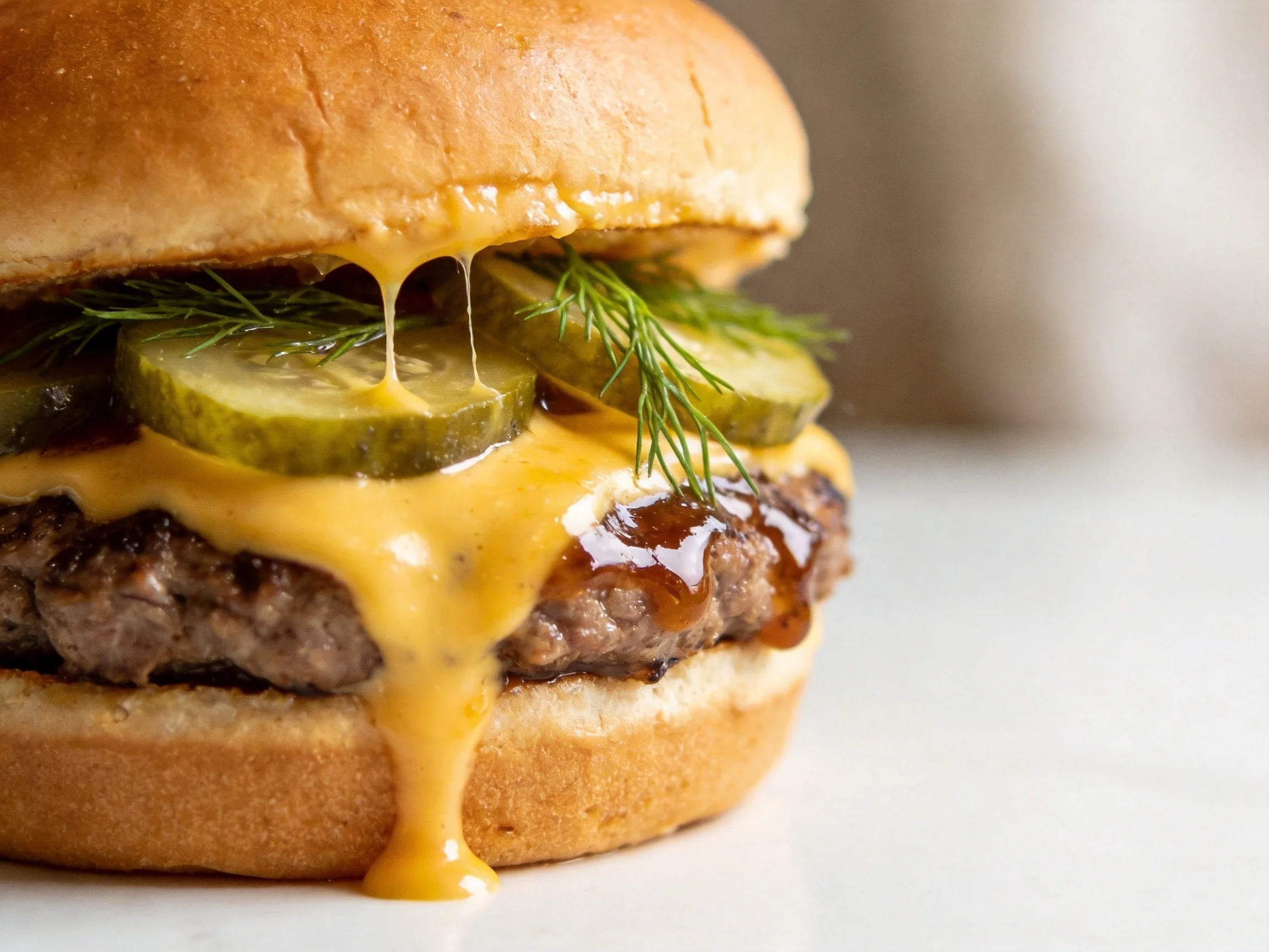 A cheeseburger with pickles, dill, and dripping cheese
