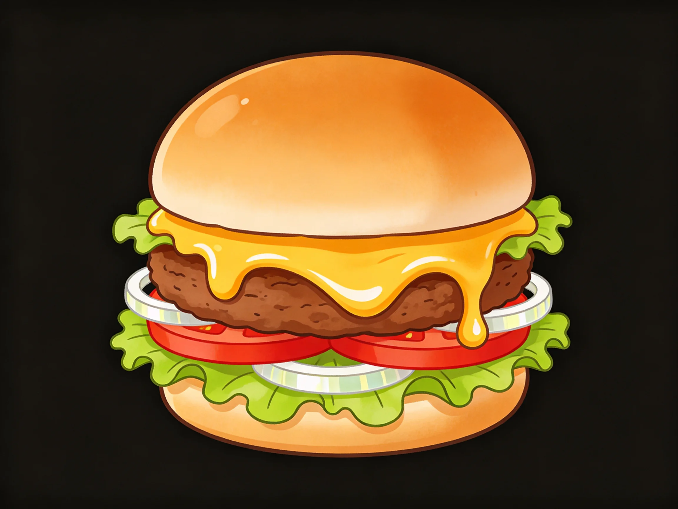 A cheeseburger with two buns, melted cheddar, lettuce, tomato, onion rings, and a beef patty