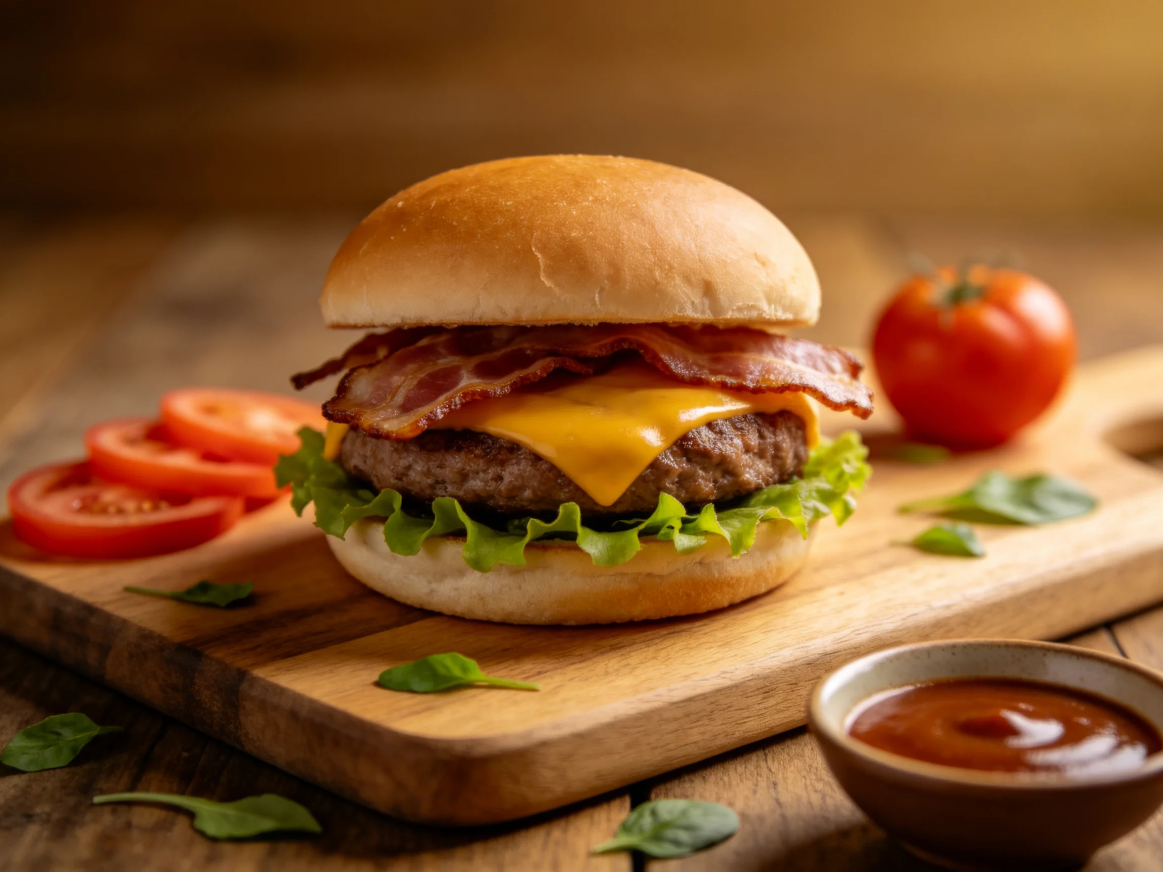 A cheesy bacon burger with fresh veggies on a wooden board