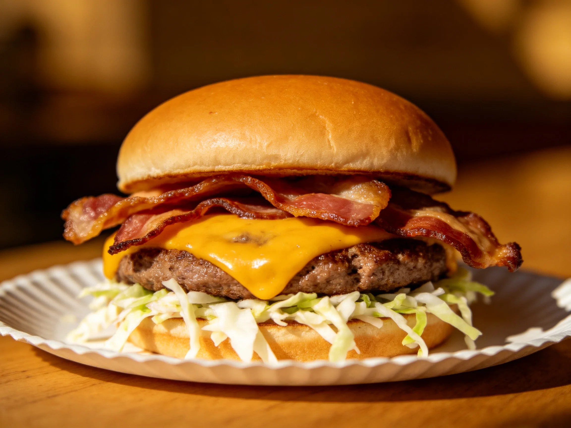 A cheesy bacon cheeseburger with coleslaw served on a bun