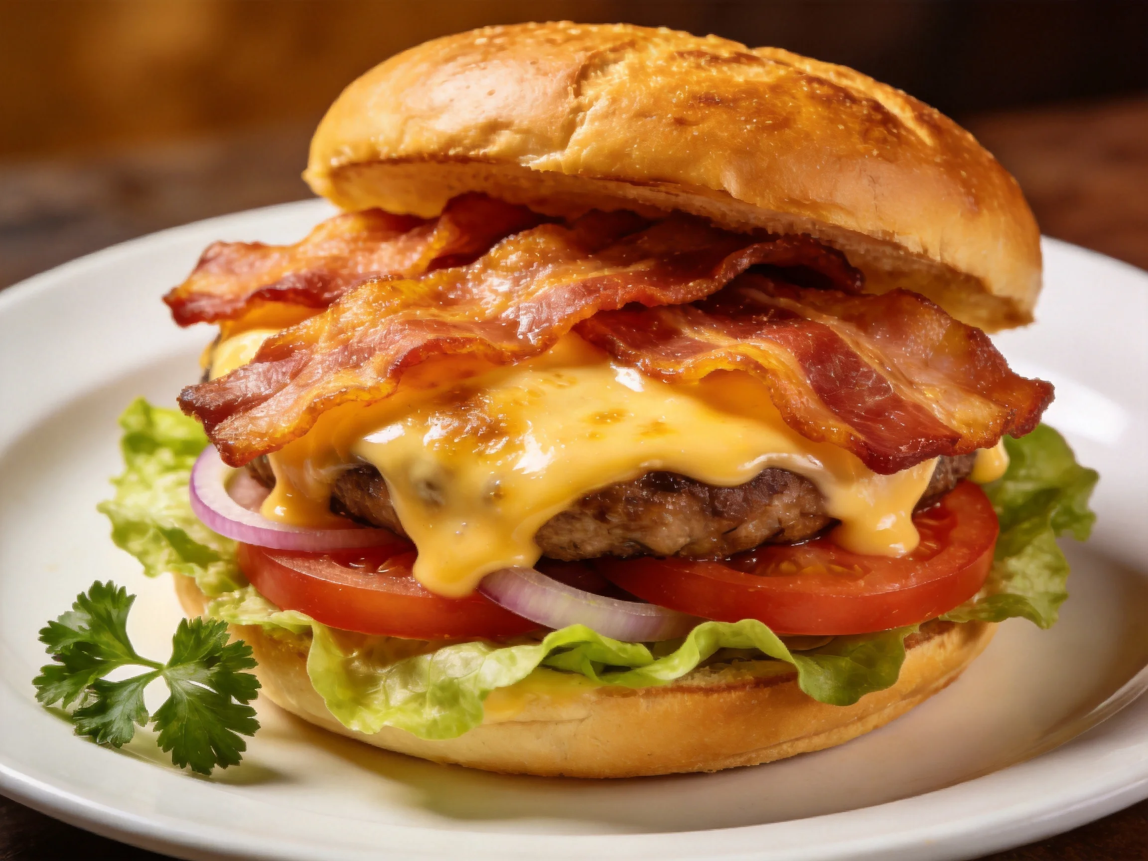 A cheesy bacon-topped burger with fresh veggies on a toasted bun
