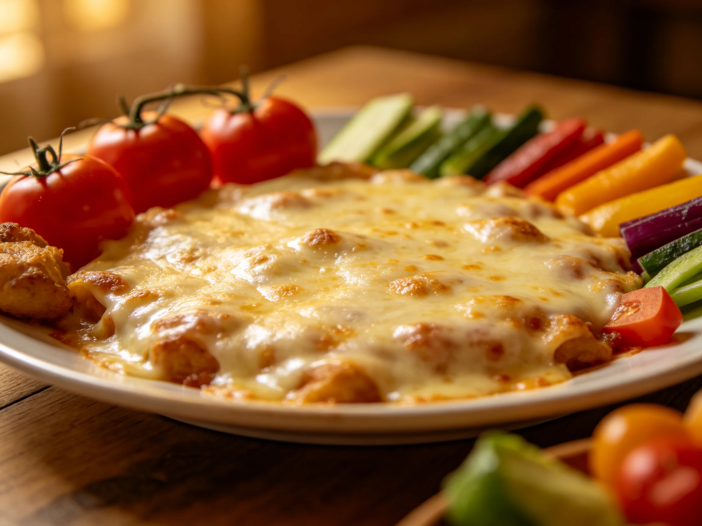 A cheesy baked pasta dish with colorful vegetable accompaniments