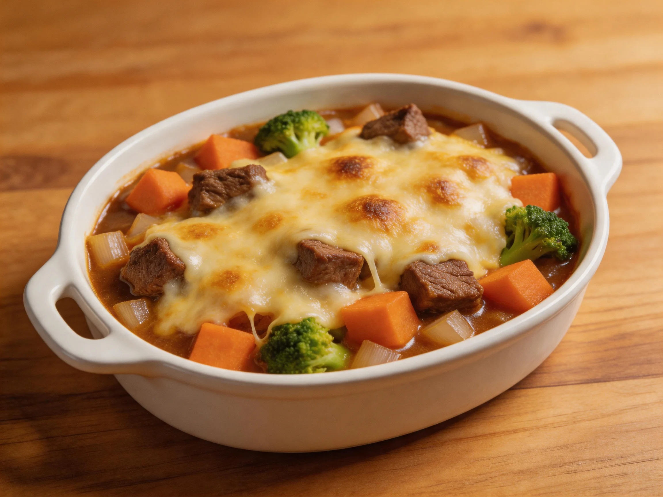 A cheesy beef and veggie bake in a white oval casserole