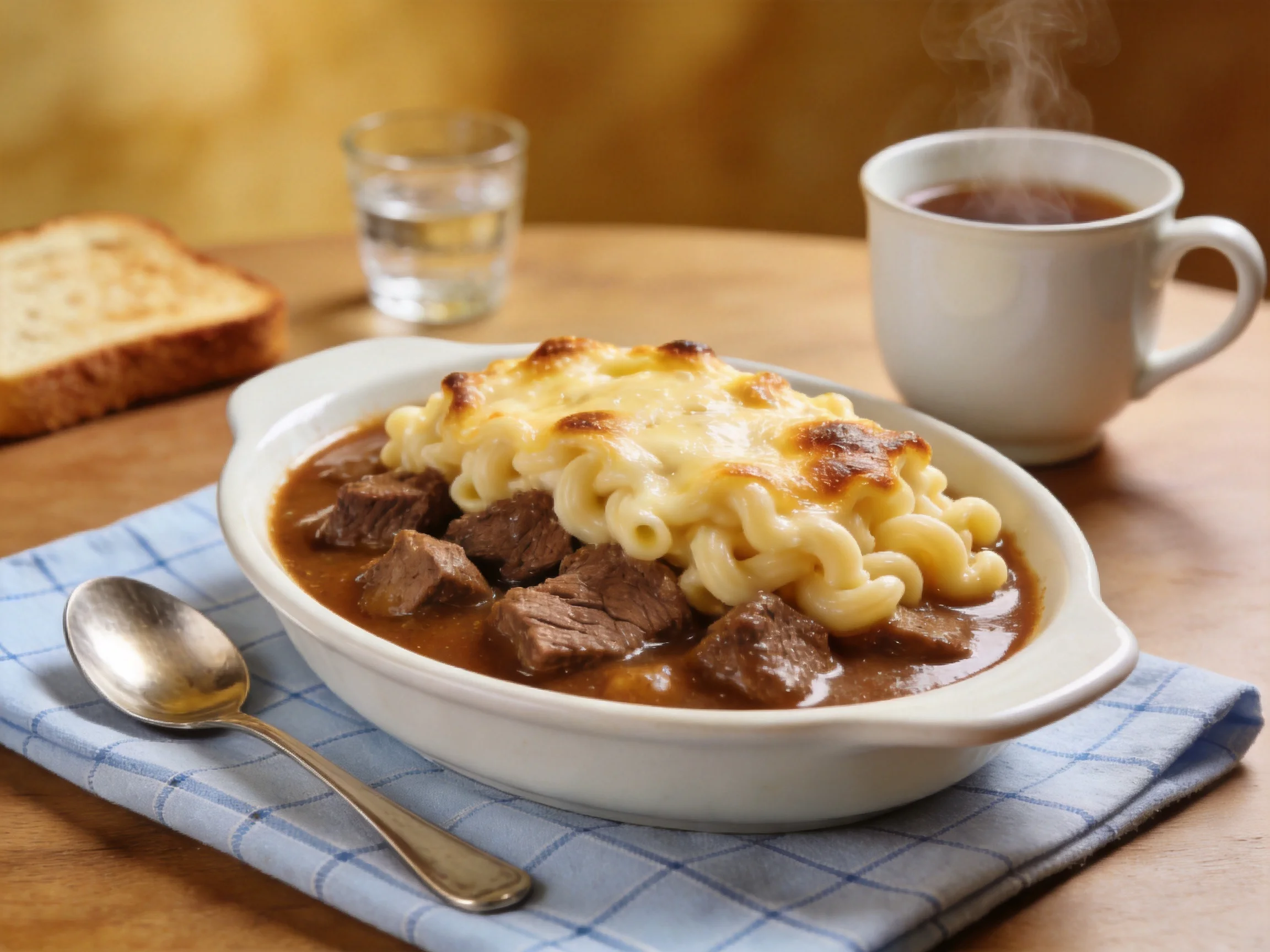 A cheesy beef stew with macaroni served alongside toast and tea