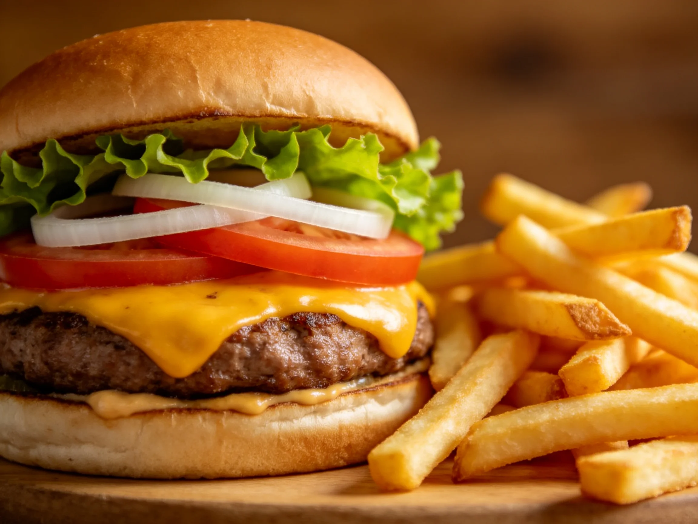 A cheesy burger with fresh veggies and crispy fries
