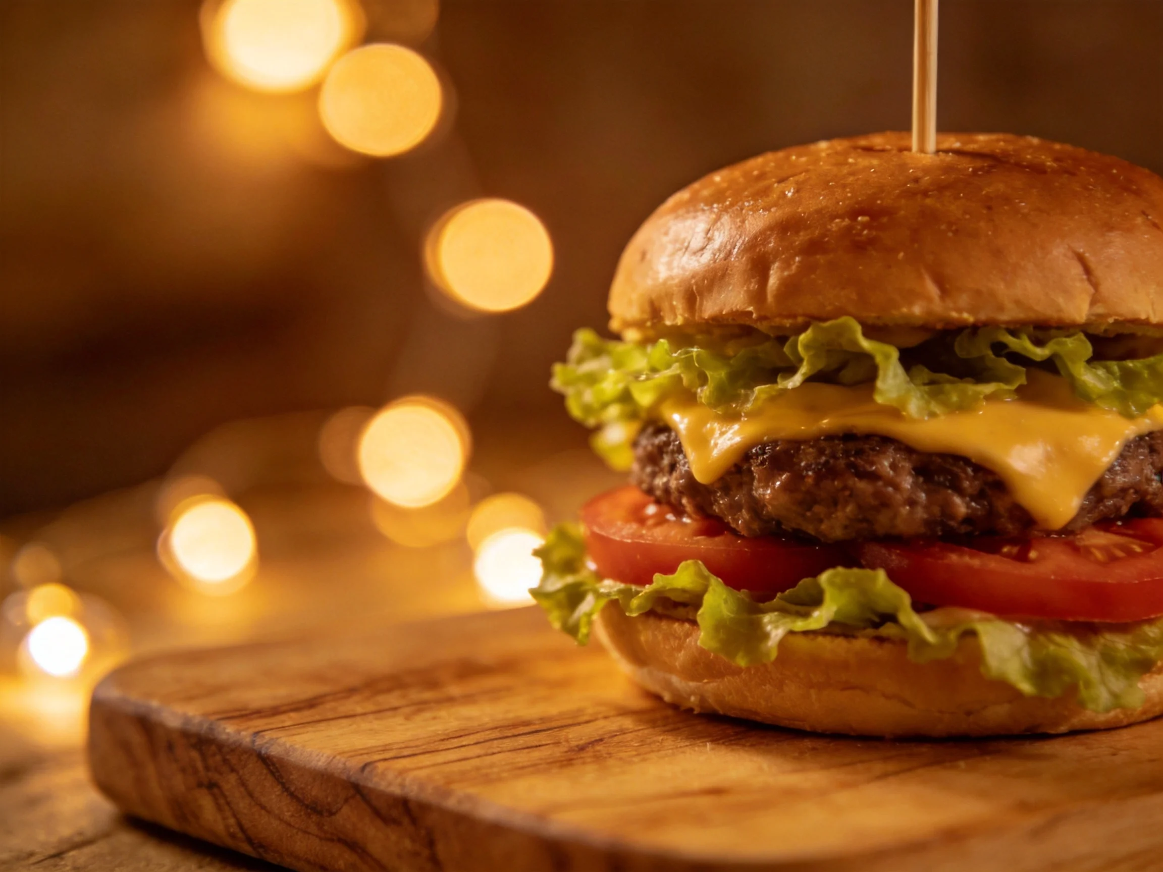 A cheesy burger with fresh veggies on a wooden board