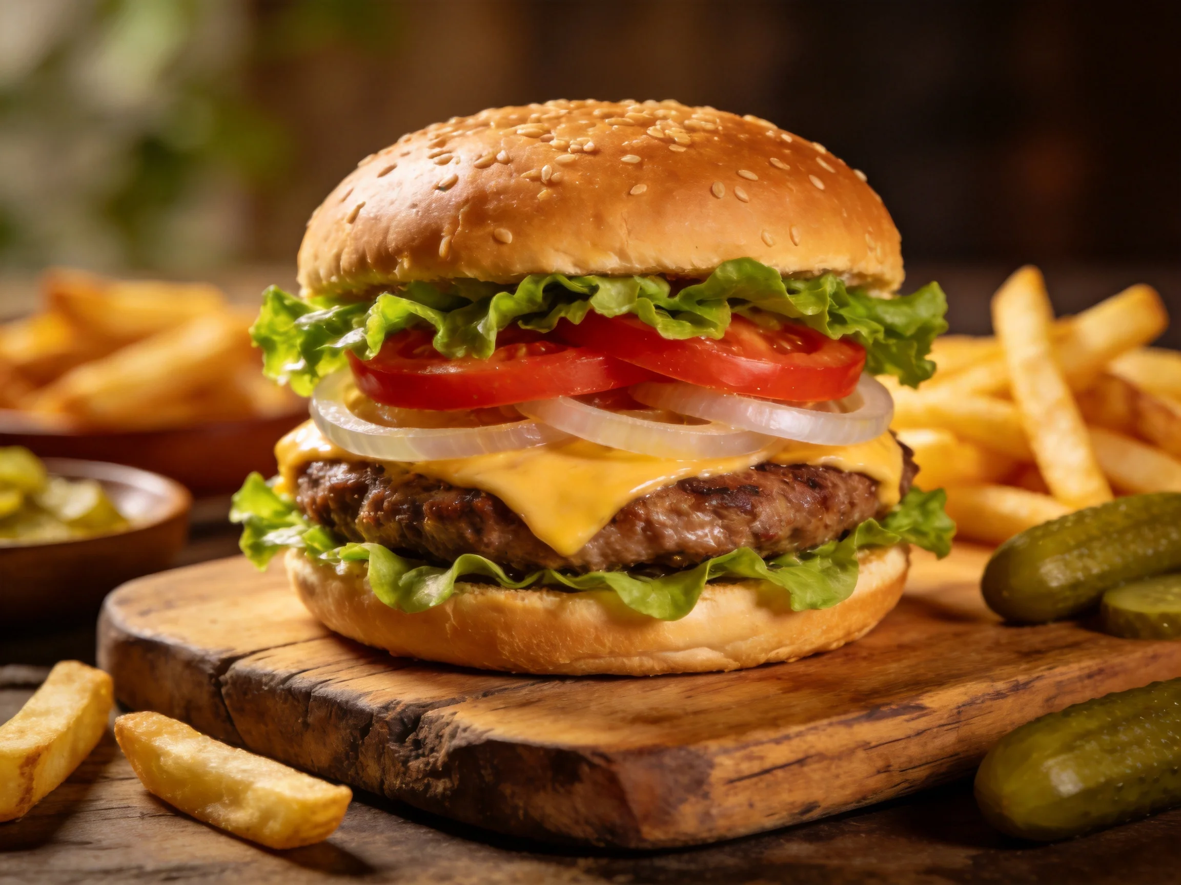 A cheesy burger with lettuce, tomato, onion alongside golden fries and pickles
