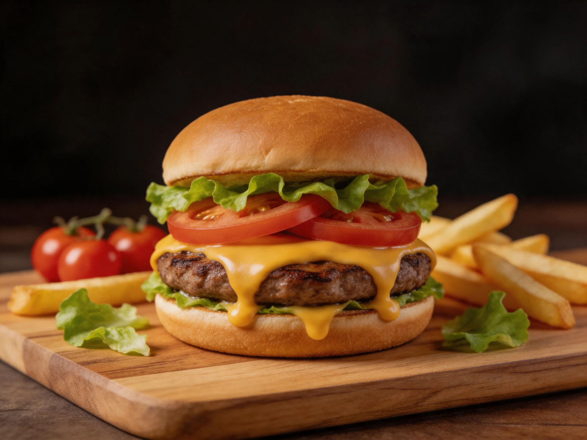 A cheesy burger with melted cheddar, lettuce, tomato, and golden fries