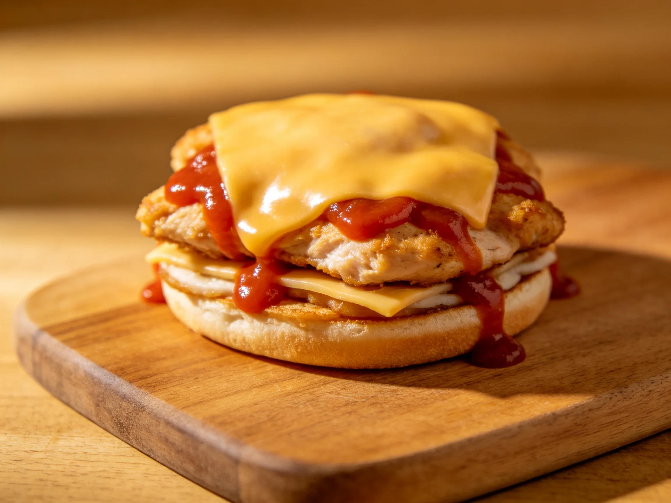 A cheesy chicken sandwich with ketchup drizzle on a wooden board