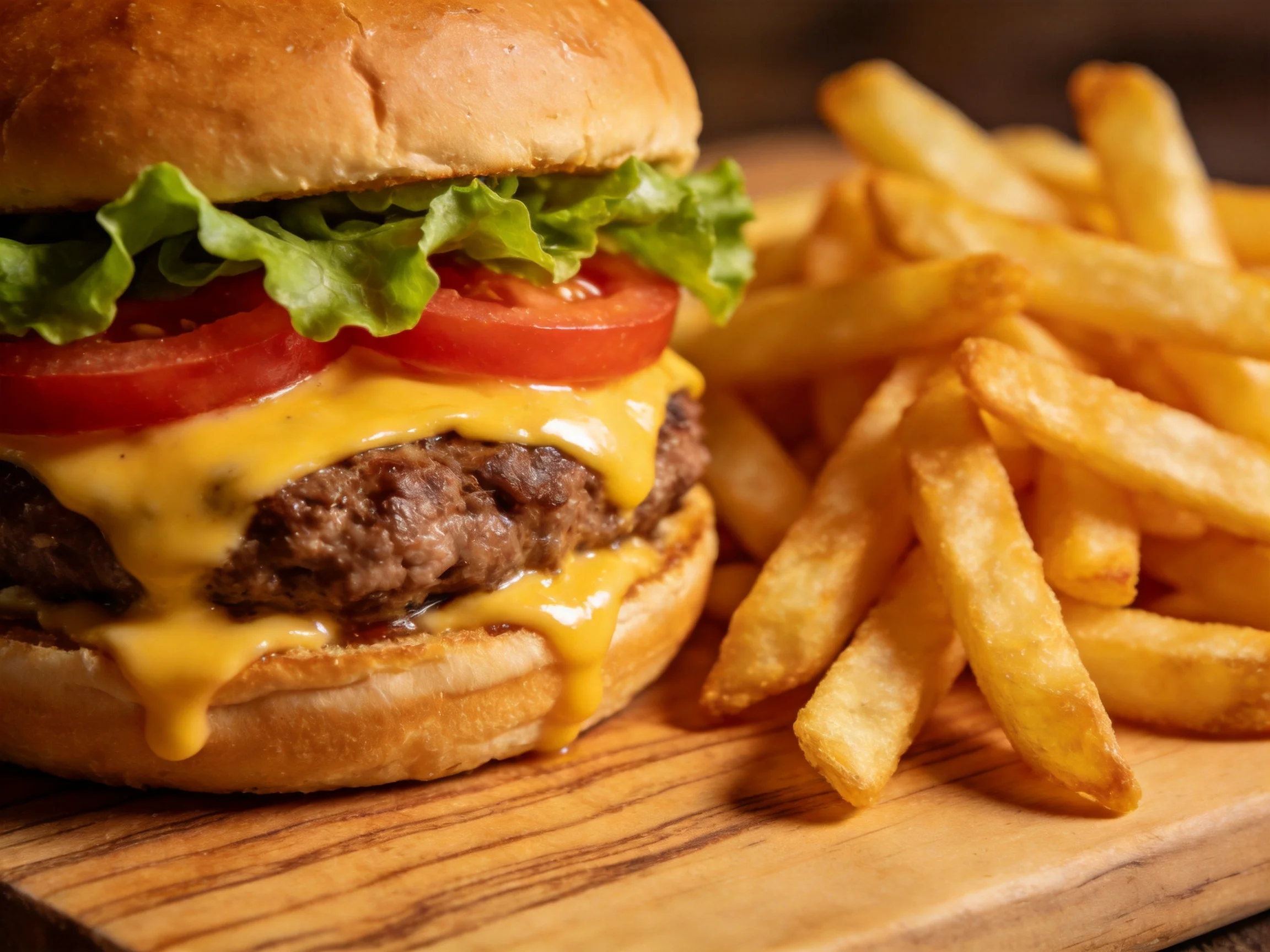 A cheesy double burger with fresh lettuce, tomato, served alongside crispy golden fries