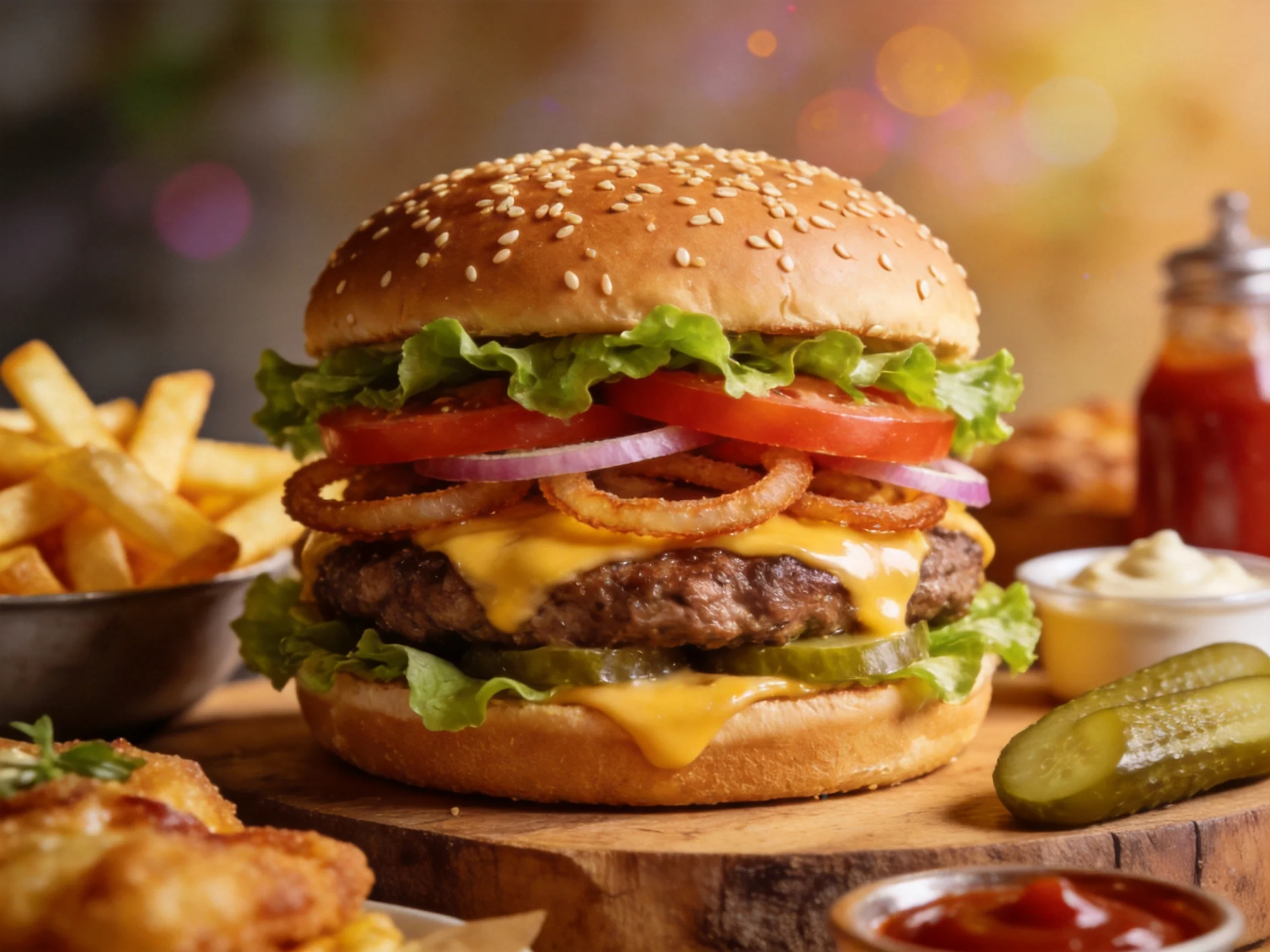 A cheesy double-decker burger with fresh veggies and sides
