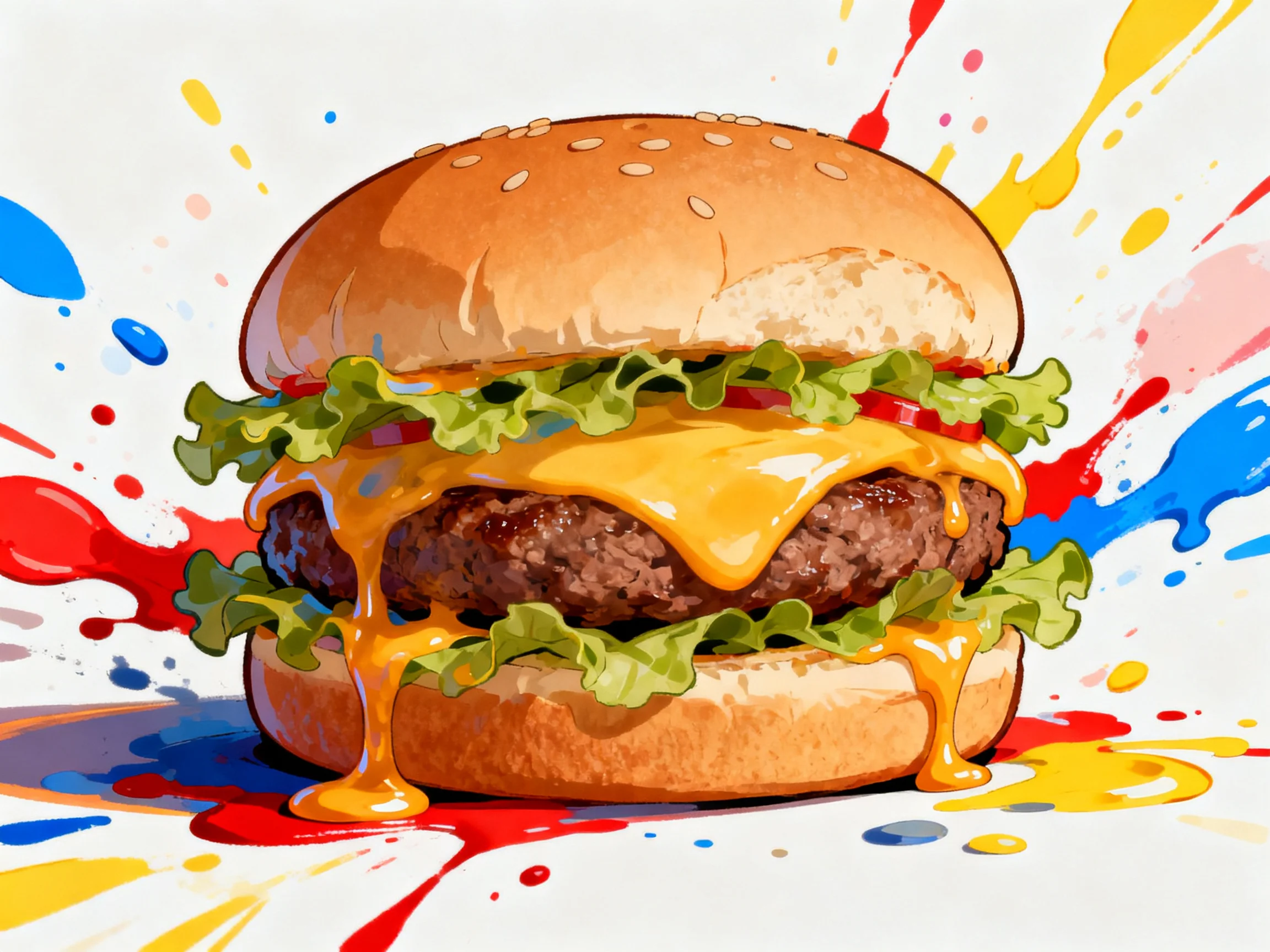 A cheesy hamburger with vibrant paint splatters in the background