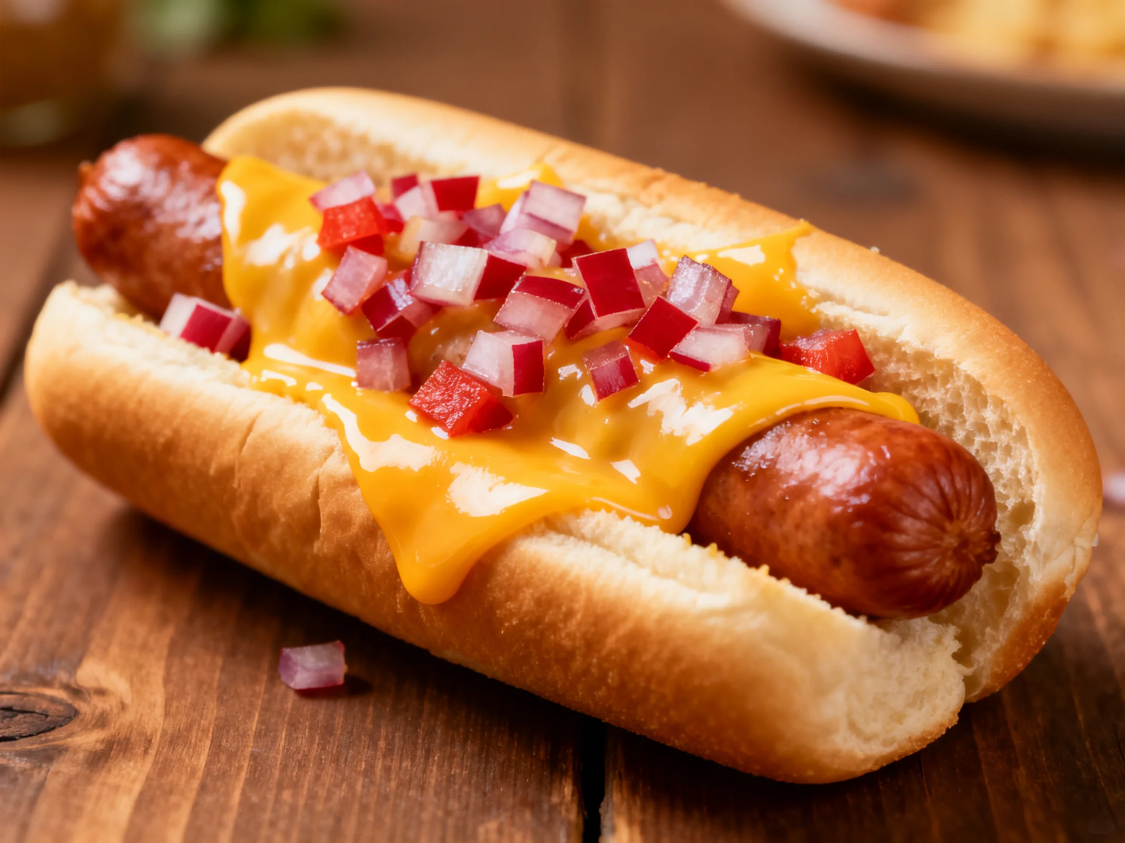 A cheesy hot dog topped with red onions and peppers on a wooden table