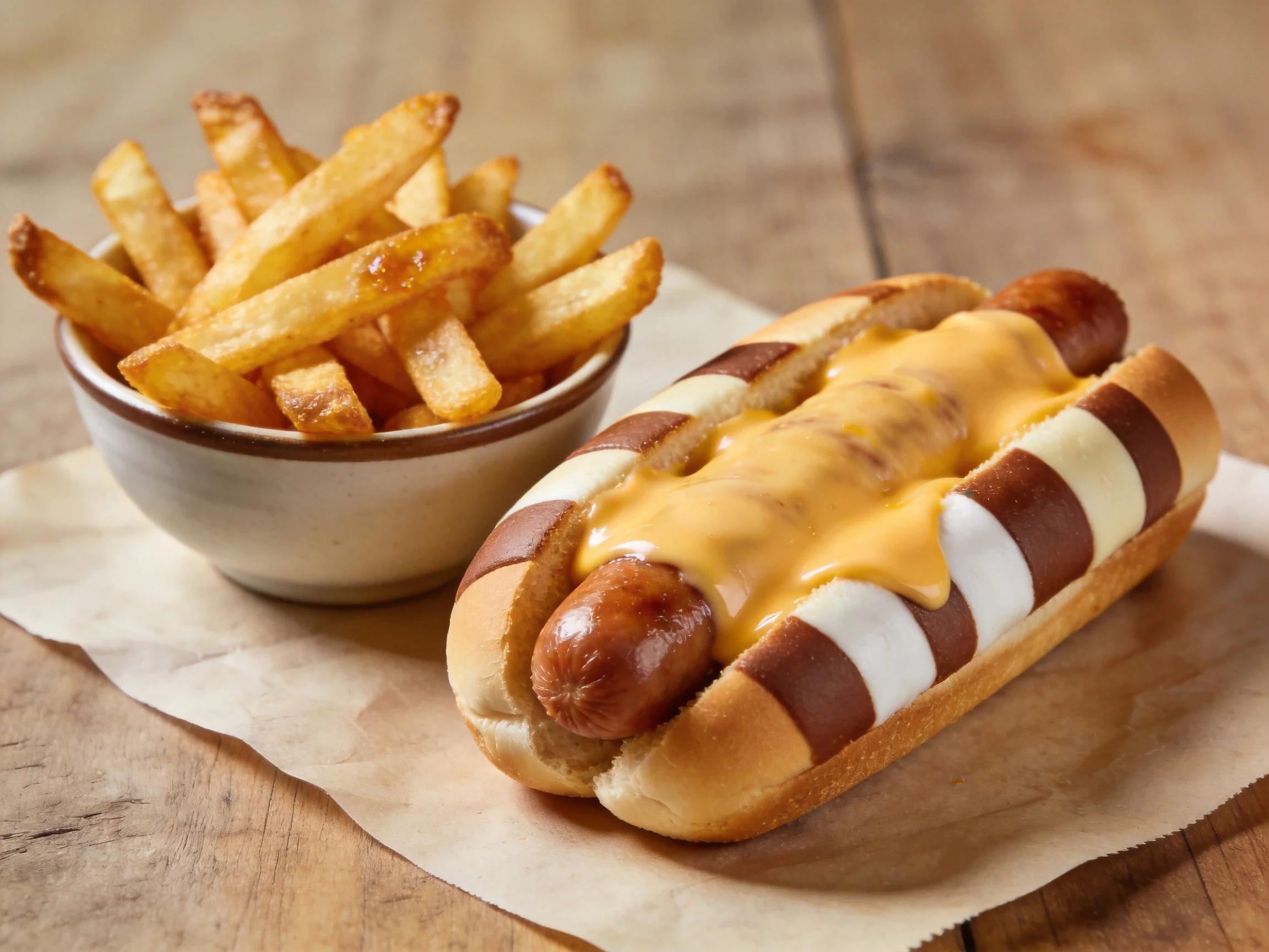 A cheesy hot dog with striped bun beside golden fries