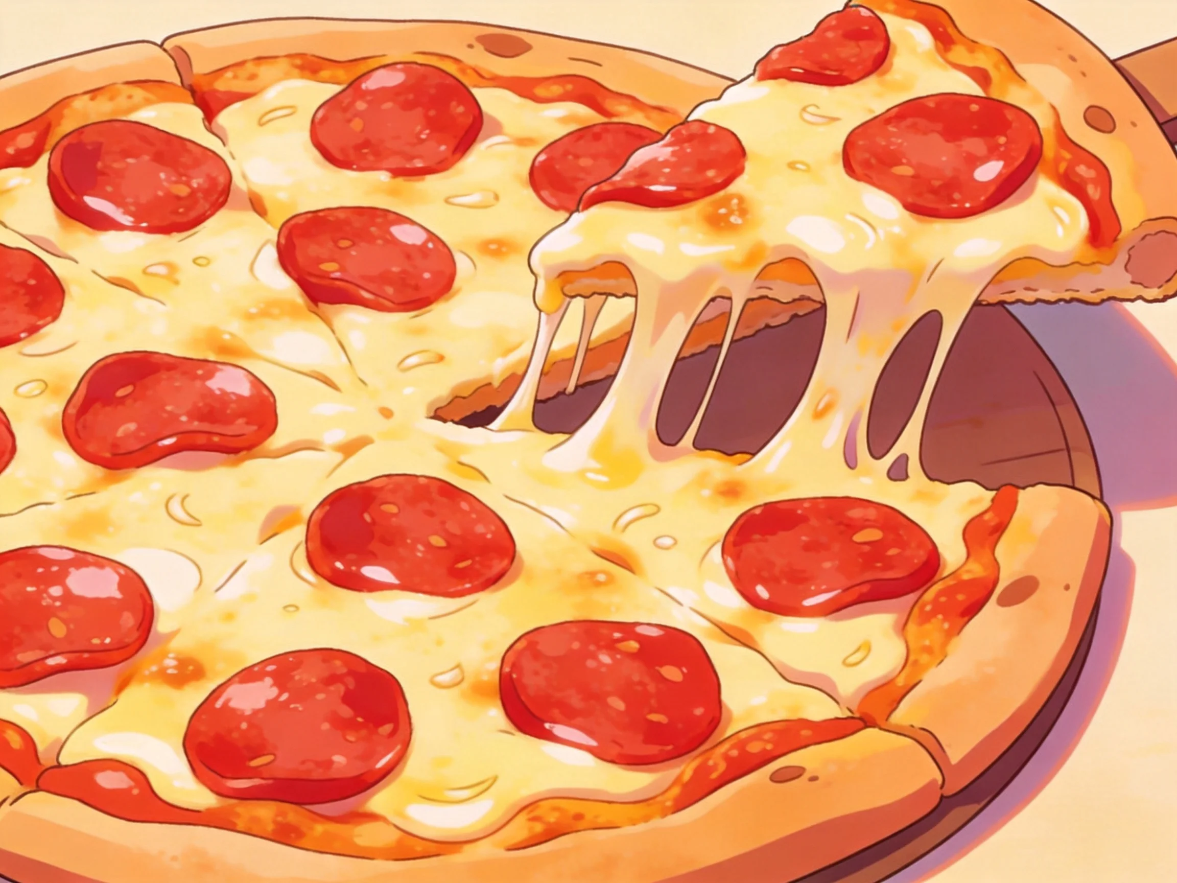 A cheesy pepperoni pizza with a slice lifted, showing stretchy melted cheese