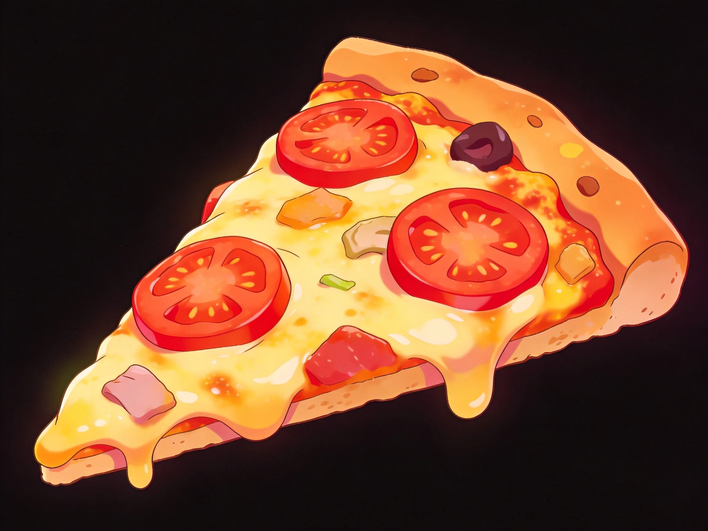 A cheesy pizza slice topped with tomato slices, olives, and meat toppings