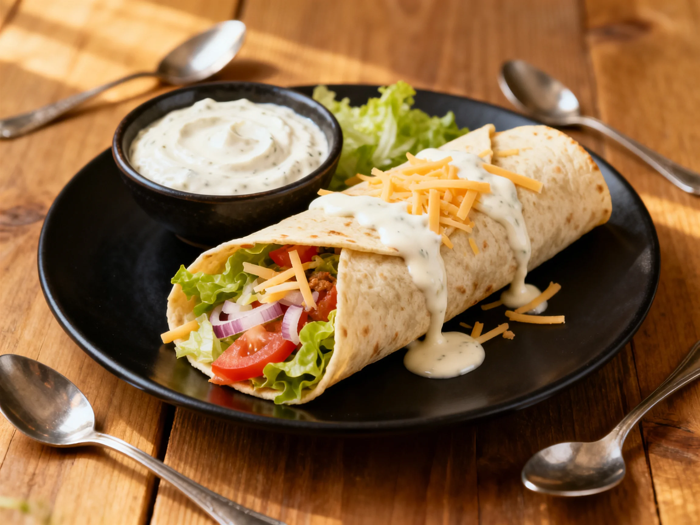 A cheesy veggie burrito with creamy sauce