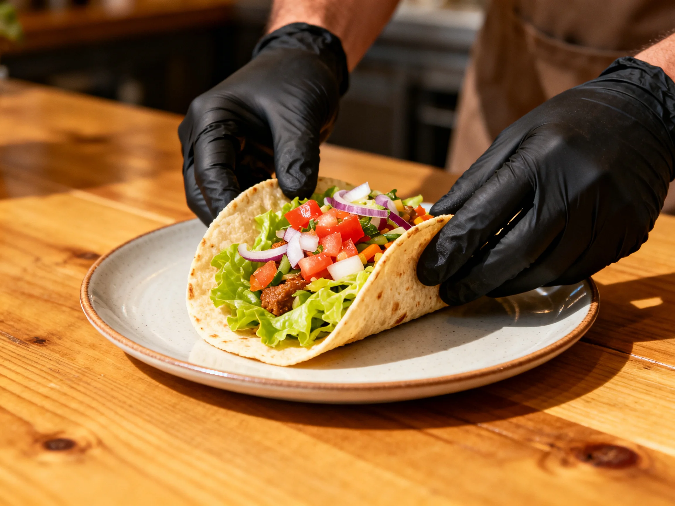 A chef assembling a colorful taco with fresh veggies on a wooden table
