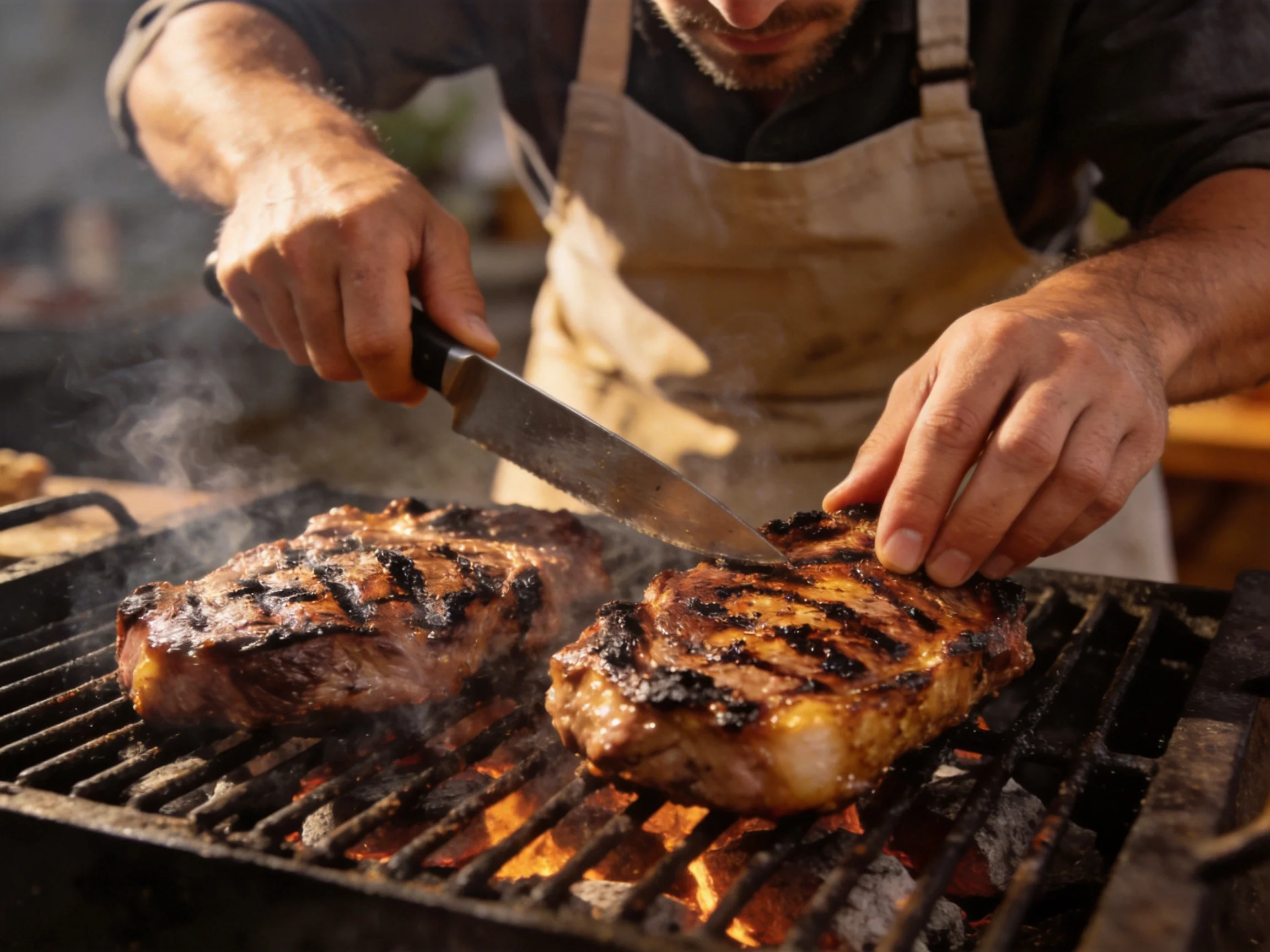 A chef grilling two seared steaks over glowing embers