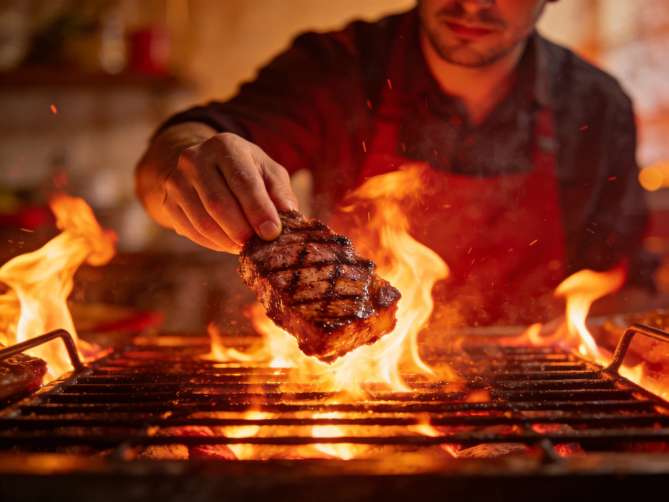 A chef grills a marinated steak over roaring flames