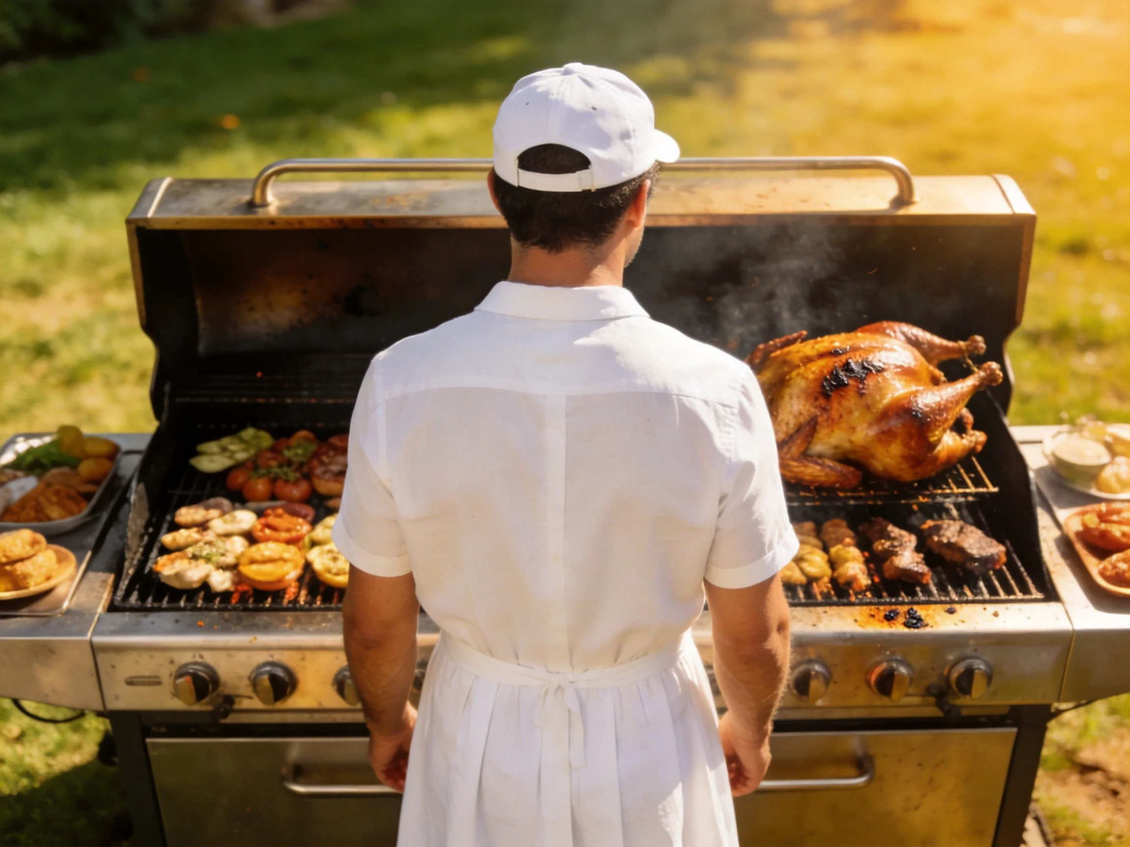 A chef grills roasted chicken and vegetables on a large outdoor barbecue