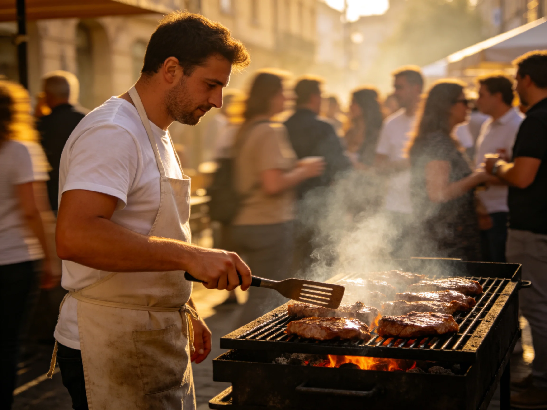 A chef grills steaks at an outdoor street event under golden sunlight