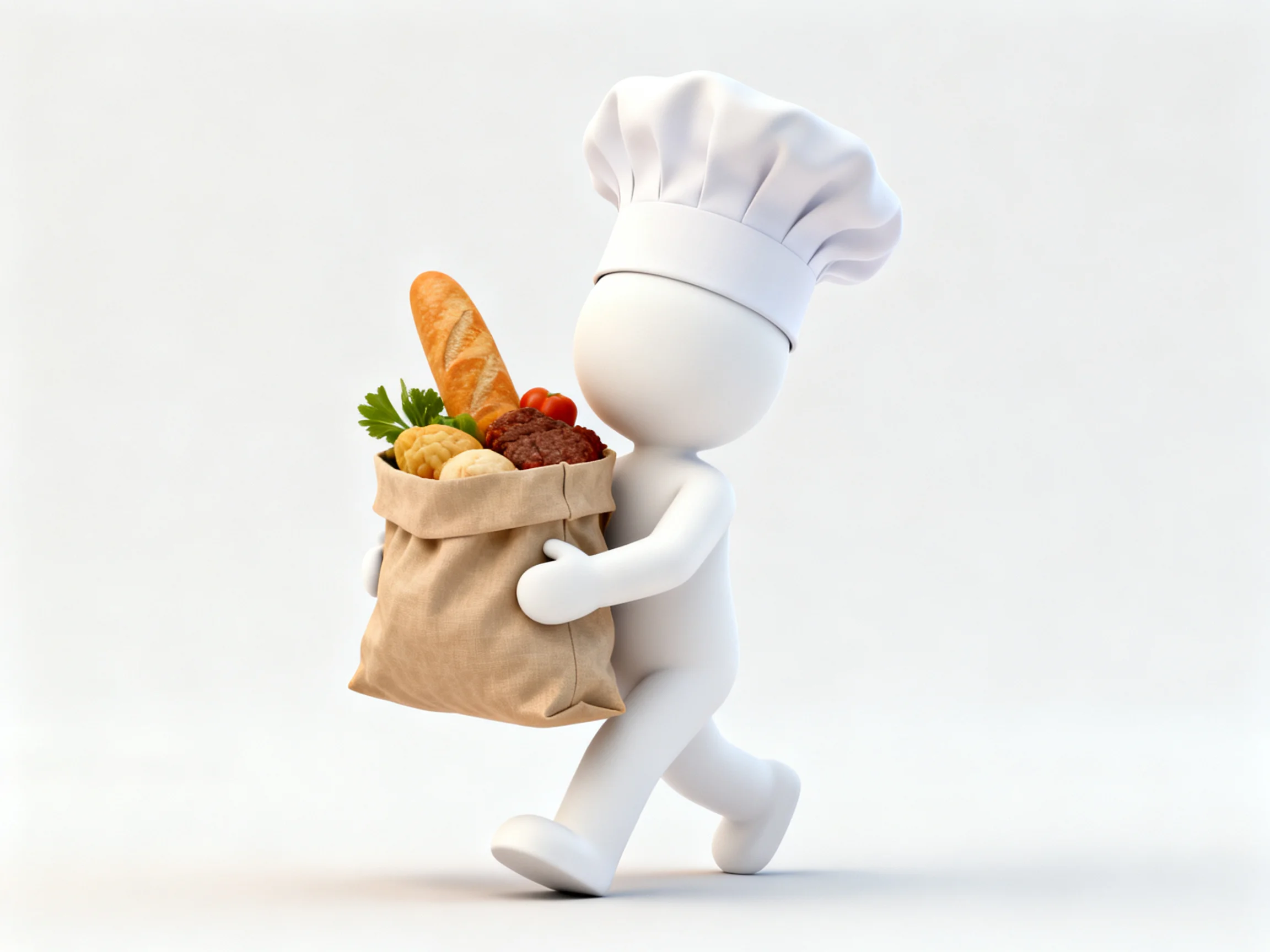 A chef-hatted figure carries a brown paper bag of assorted groceries