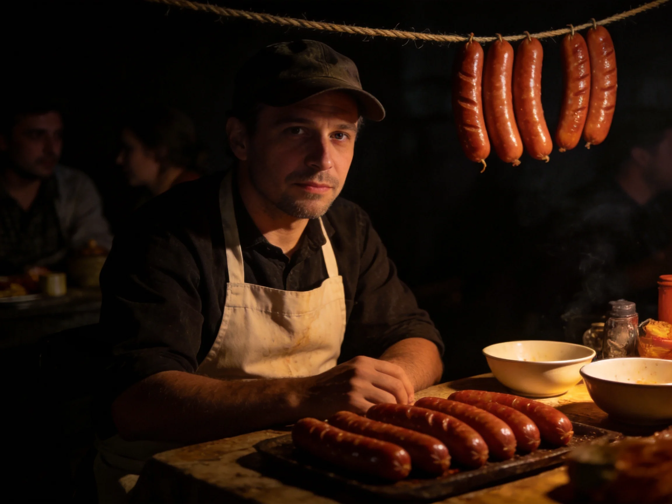 A chef in a beige apron near hanging andgrilled sausages under dim lighting
