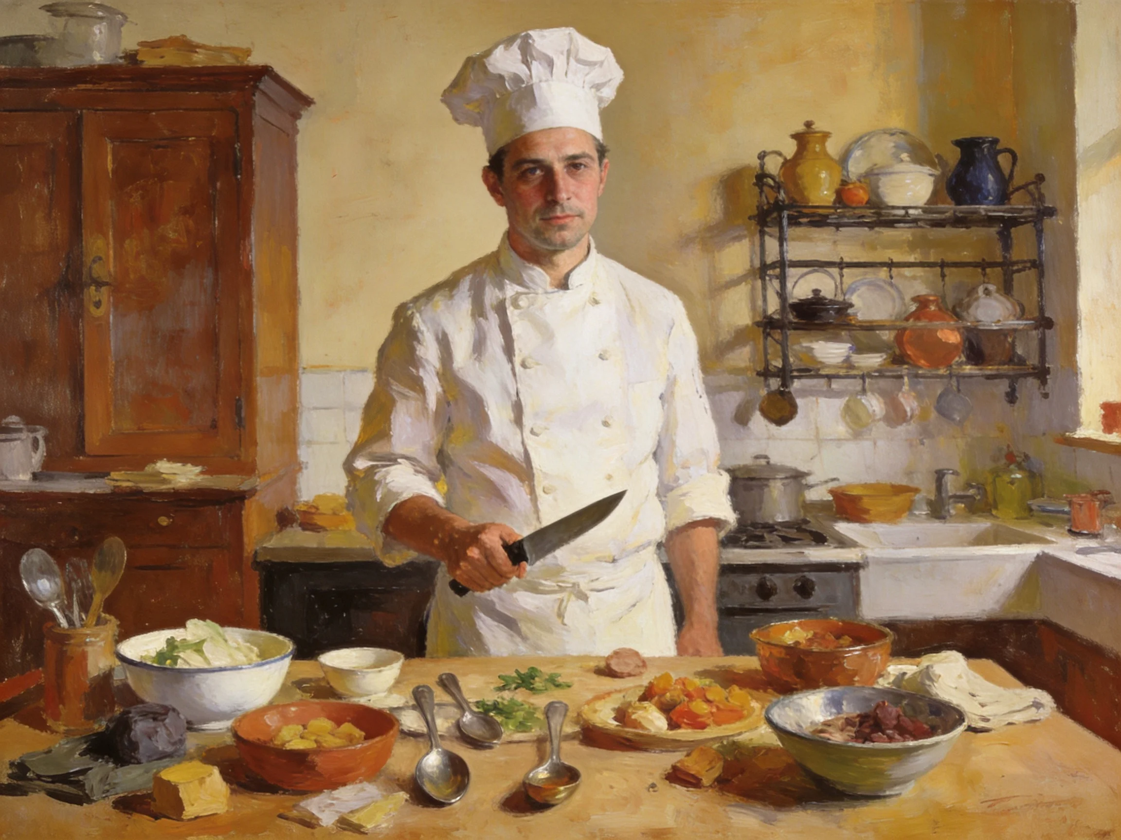 A chef in white prepares food amid colorful kitchenware and ingredients