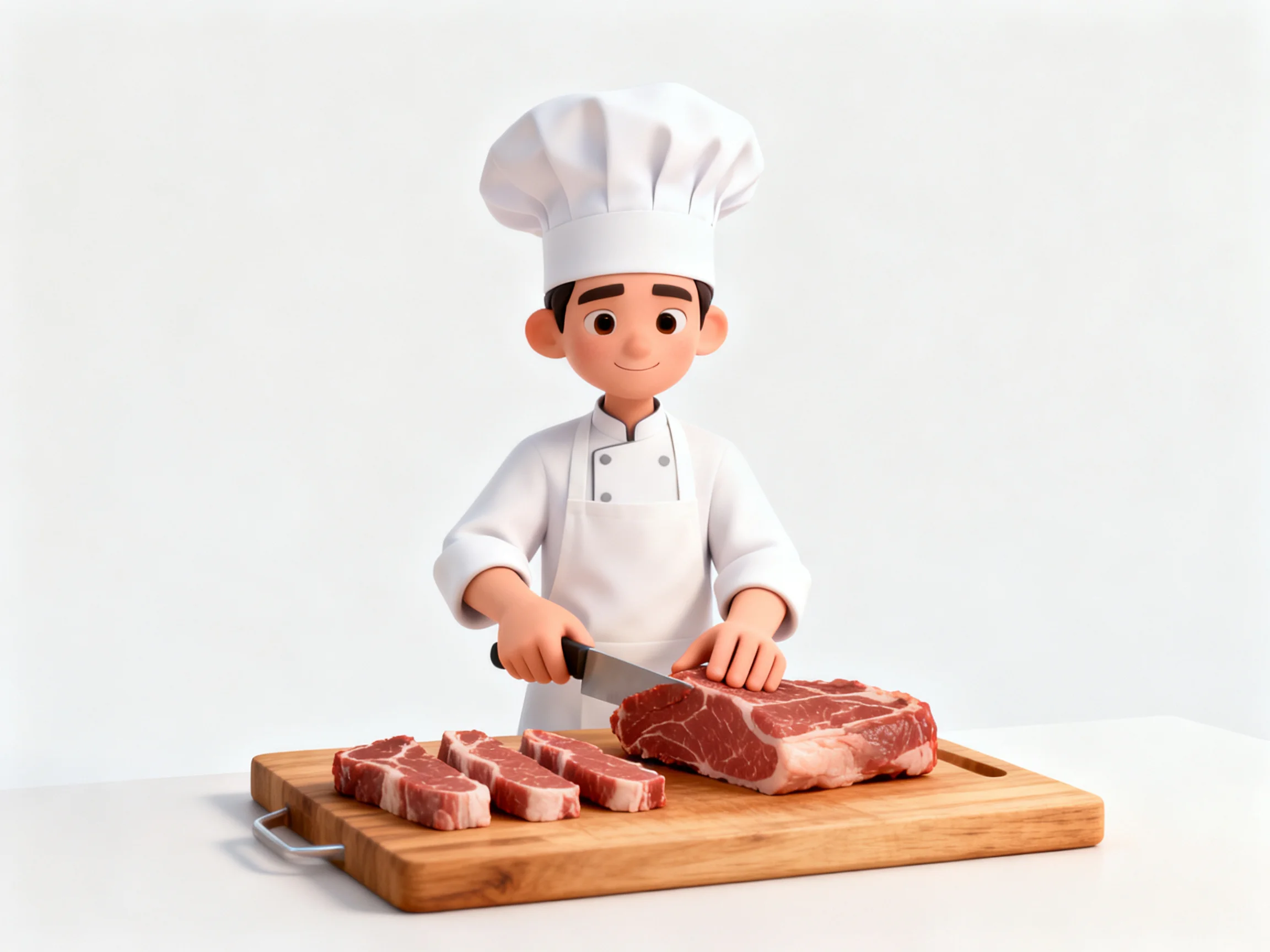 A chef in white uniform slicing red meat on a wooden cutting board