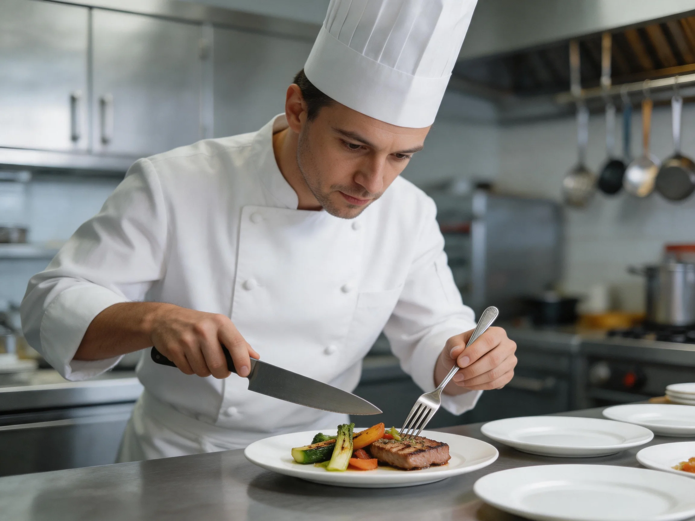 A chef meticulously plates a meal with vegetables and meat in a professional kitchen