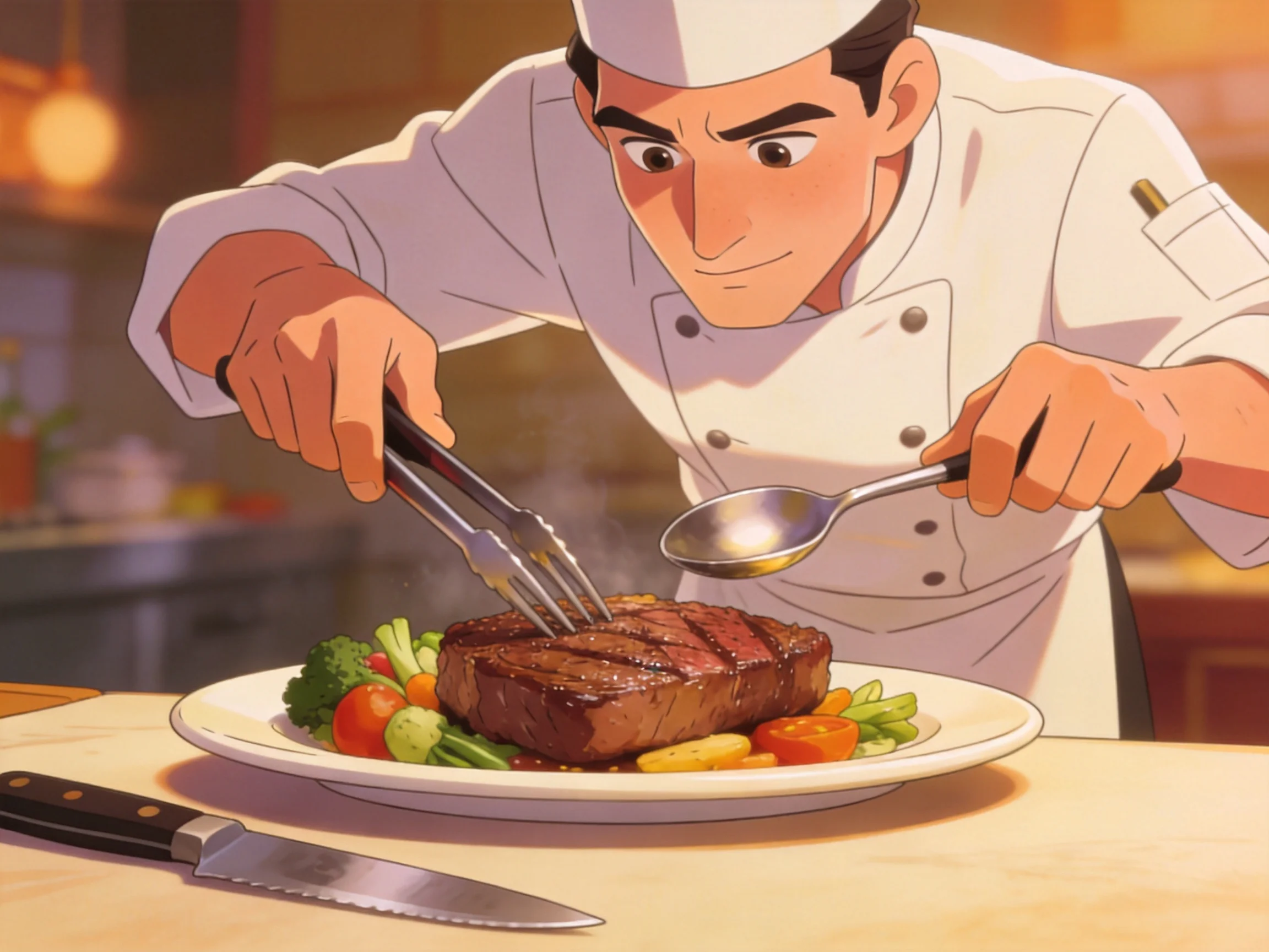 A chef meticulously plating a grilled steak with fresh vegetables