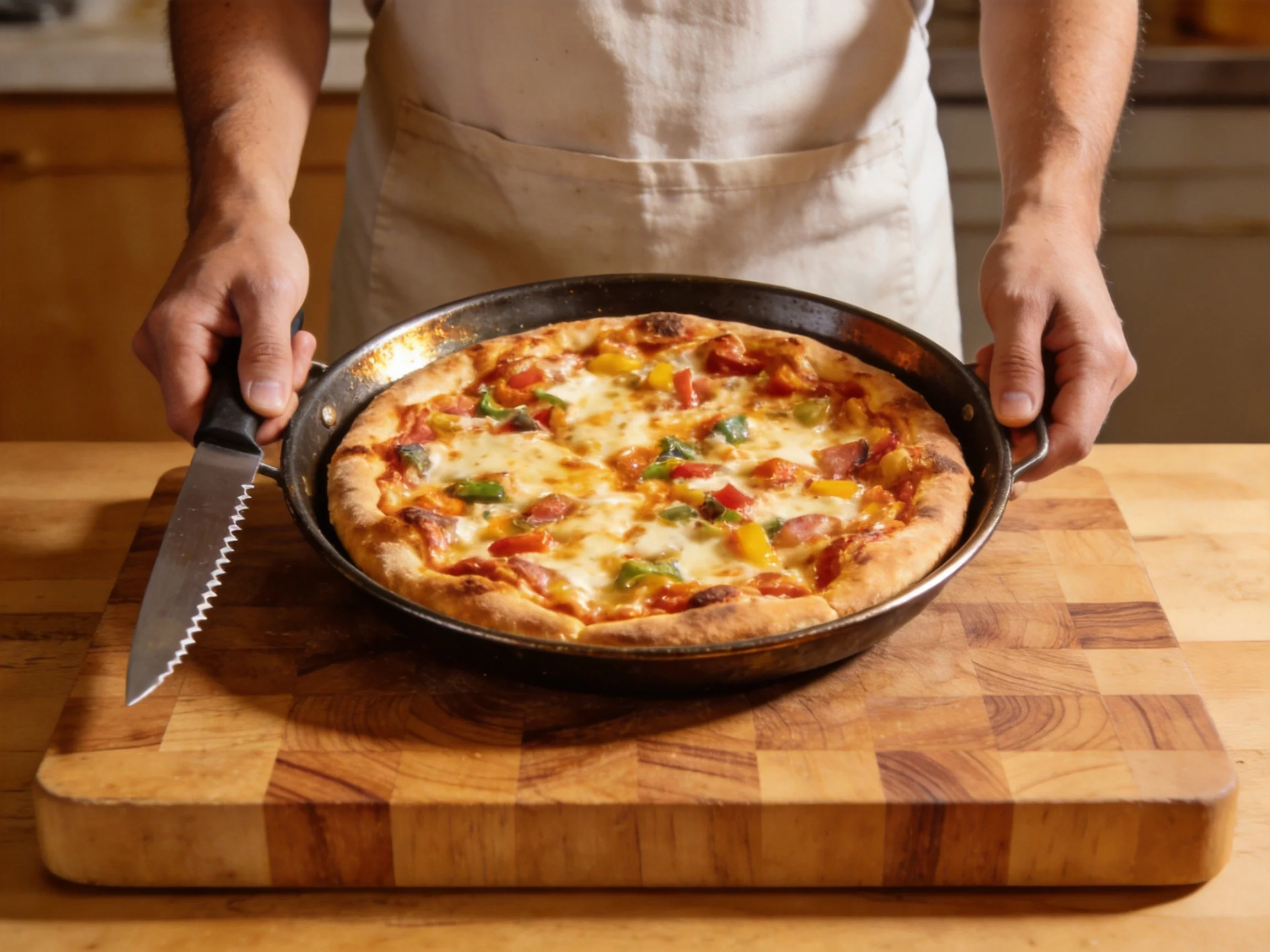 A chef presenting a colorful veggie-topped pizza on a wooden cutting board