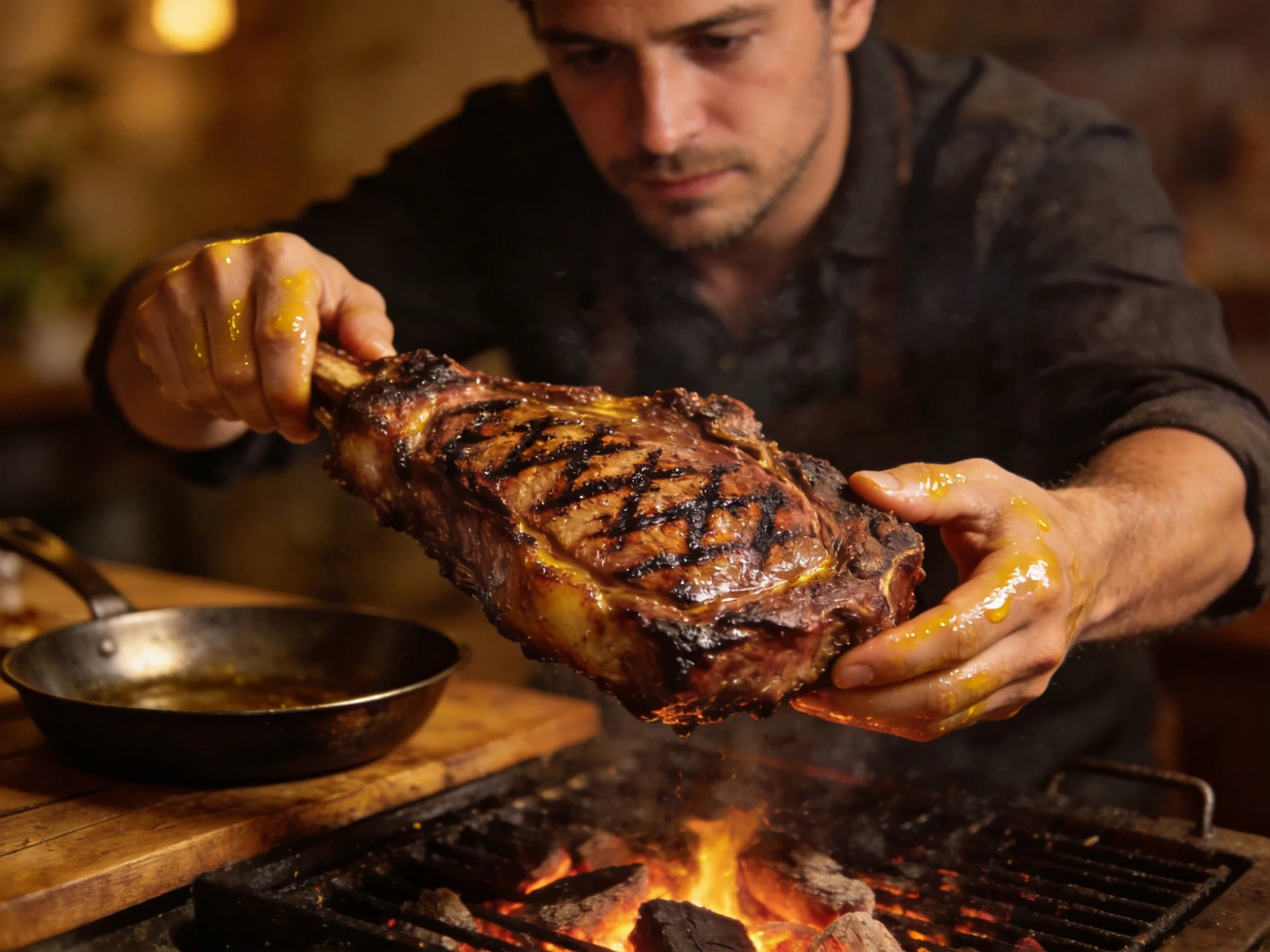A chef presenting a large grilled ribeye steak over an open flame
