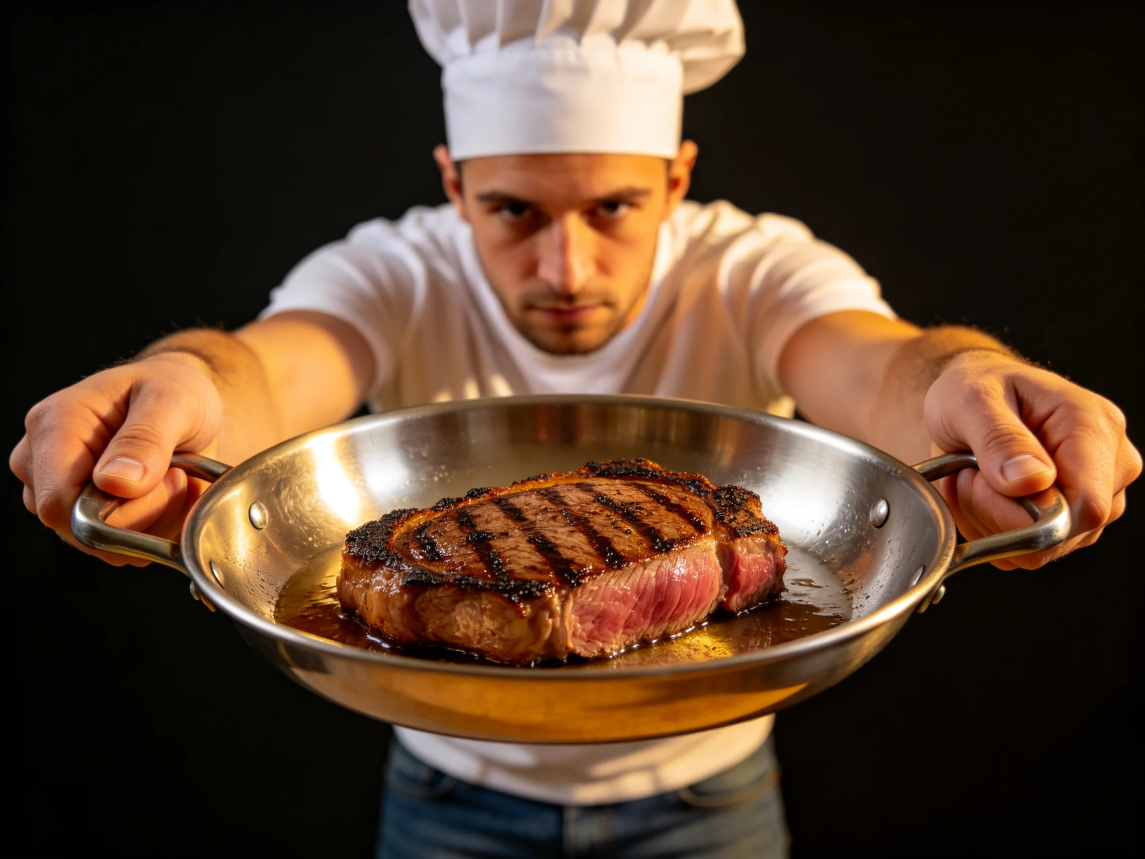 A chef presenting a perfectly grilled steak in a stainless steel pan